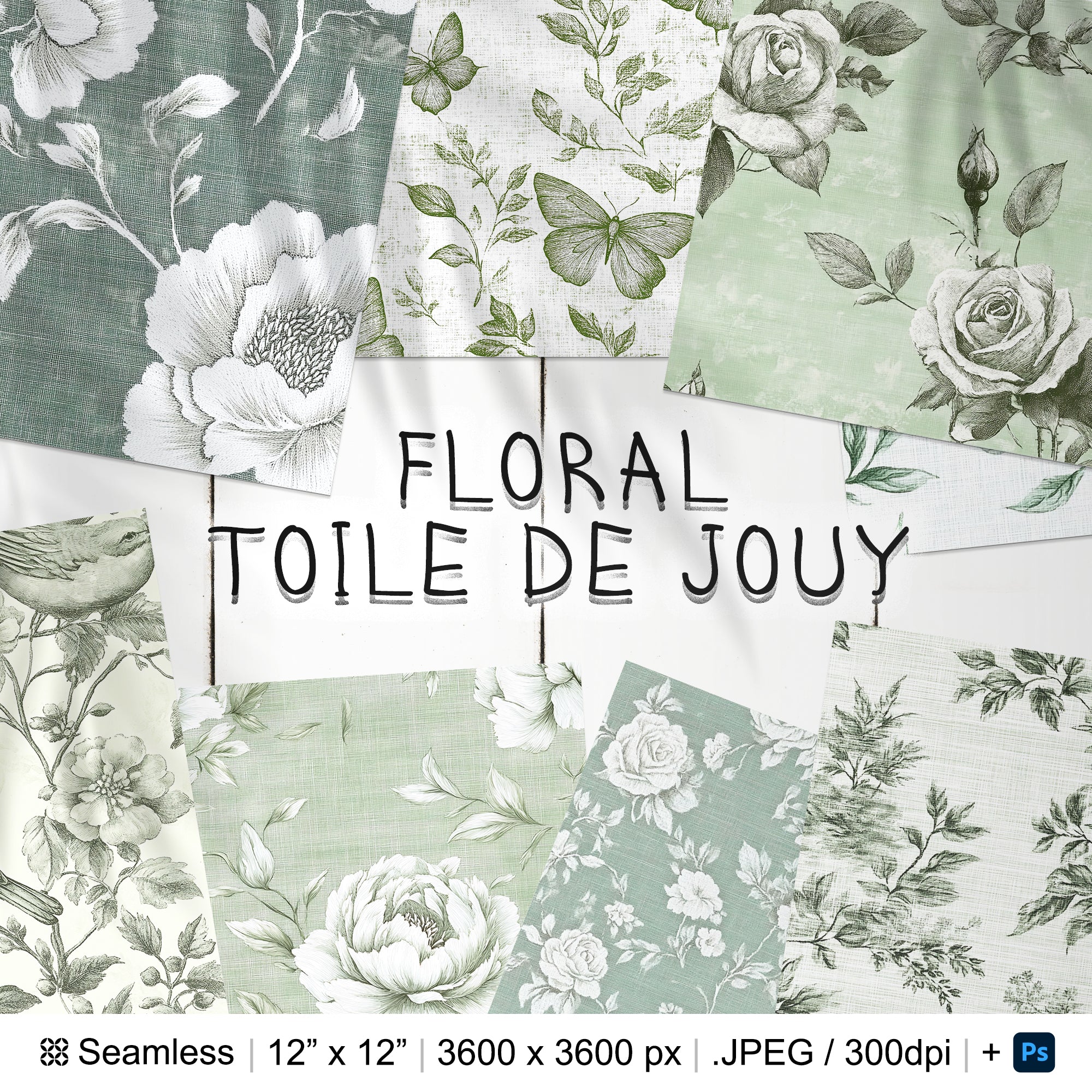 32 French Green Floral Toile de Jouy Seamless Pattern | Toile de Jouy Digital Paper | Photoshop French Green Toile de Jouy Patterns