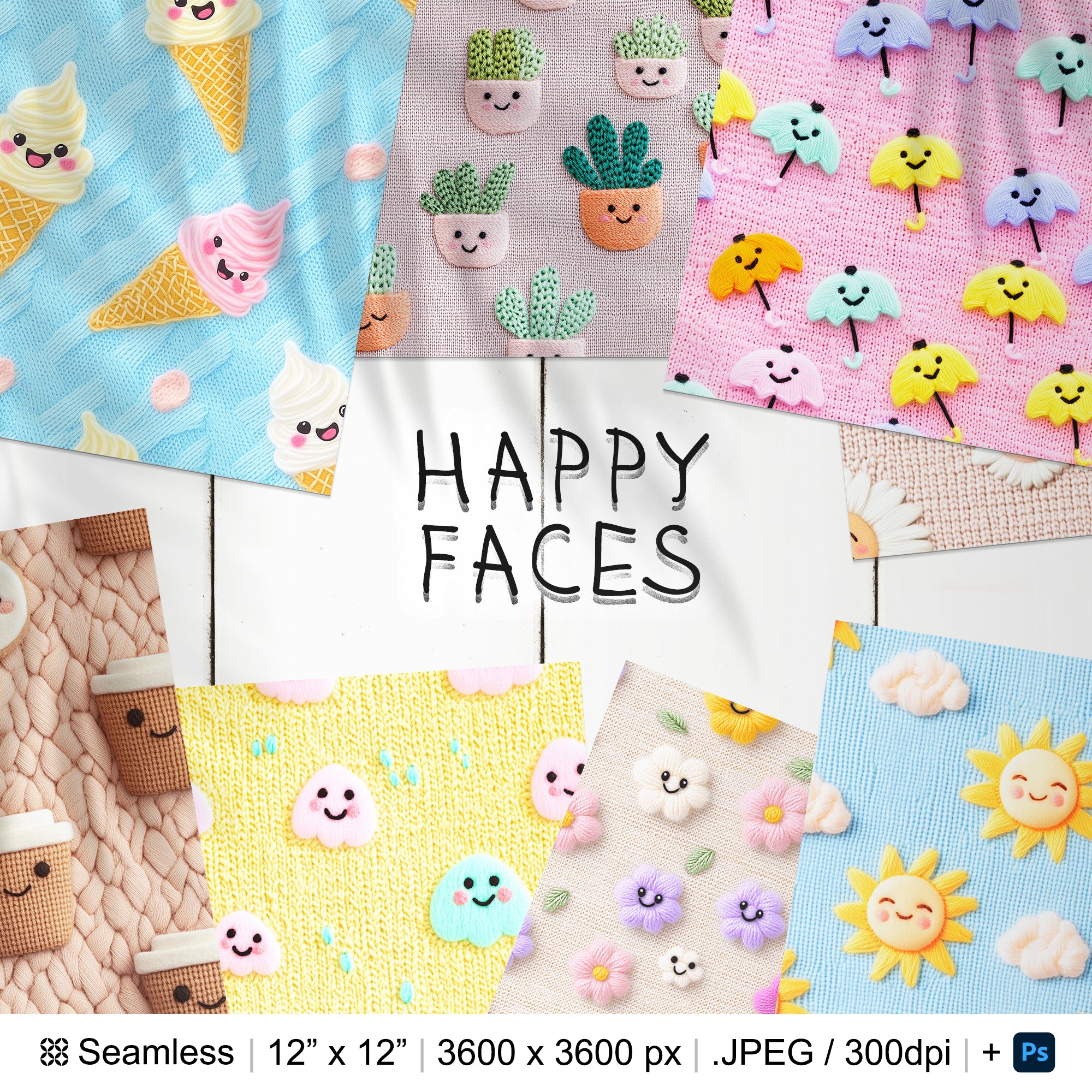 22 Happy Face Embroidery Pattern | Emoji Knitted Digital Seamless Pattern | Kawaii Face Digital Paper | Photoshop Cute Happy Face Patterns