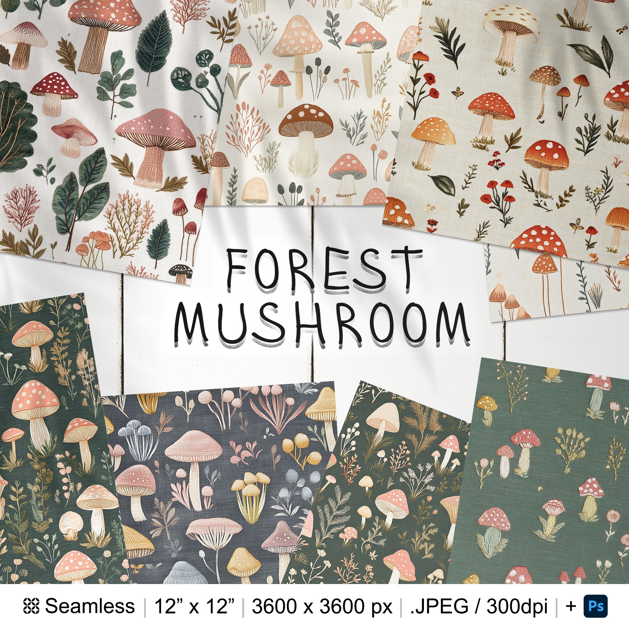 35 Mushrooms Forest Embroidery Seamless Pattern | Mushrooms Digital Seamless Pattern | Digital Paper | Photoshop Mushrooms Forest Patterns