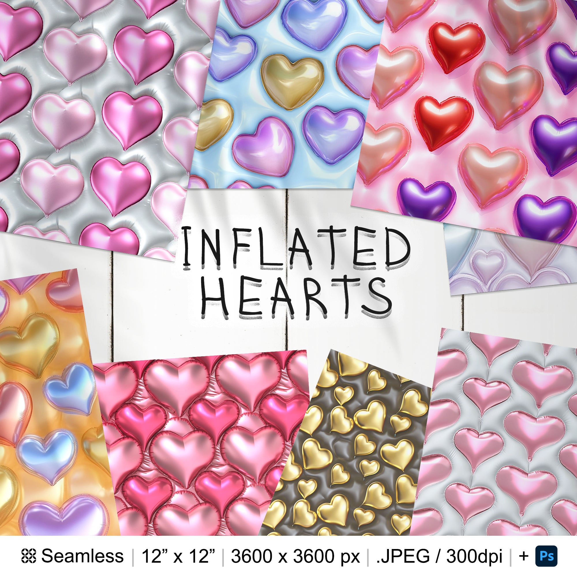 25 Inflated Hearts Pattern | Digital Seamless Pattern Inflated Hearts | 3d Inflated Digital Paper | Photoshop Inflated Puffy Hearts Patterns