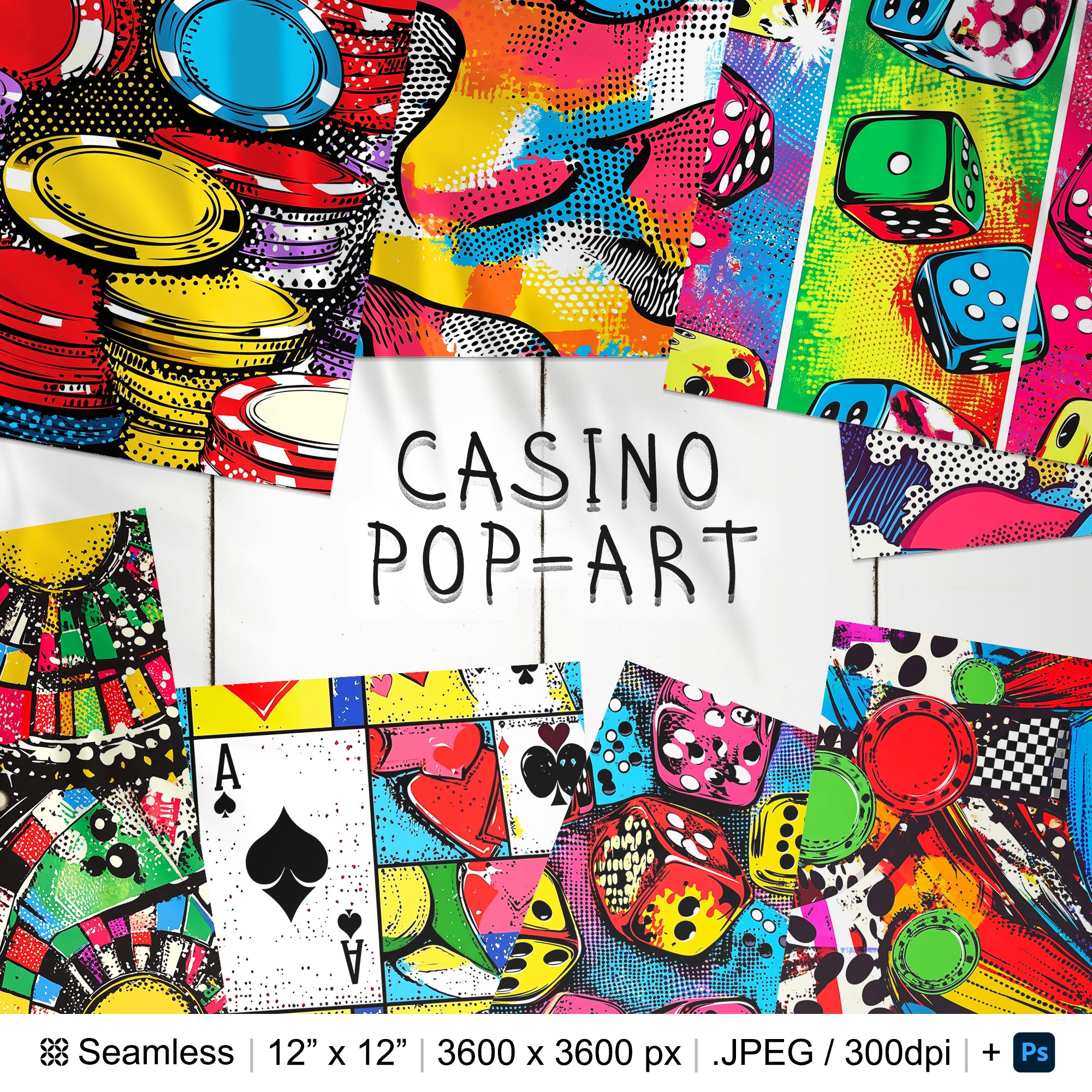 25 Pop-Art Casino Seamless Pattern Background | Pop-Art Cards Seamless Texture | PopArt Dice Digital Paper | Photoshop PopArt Casino Pattern