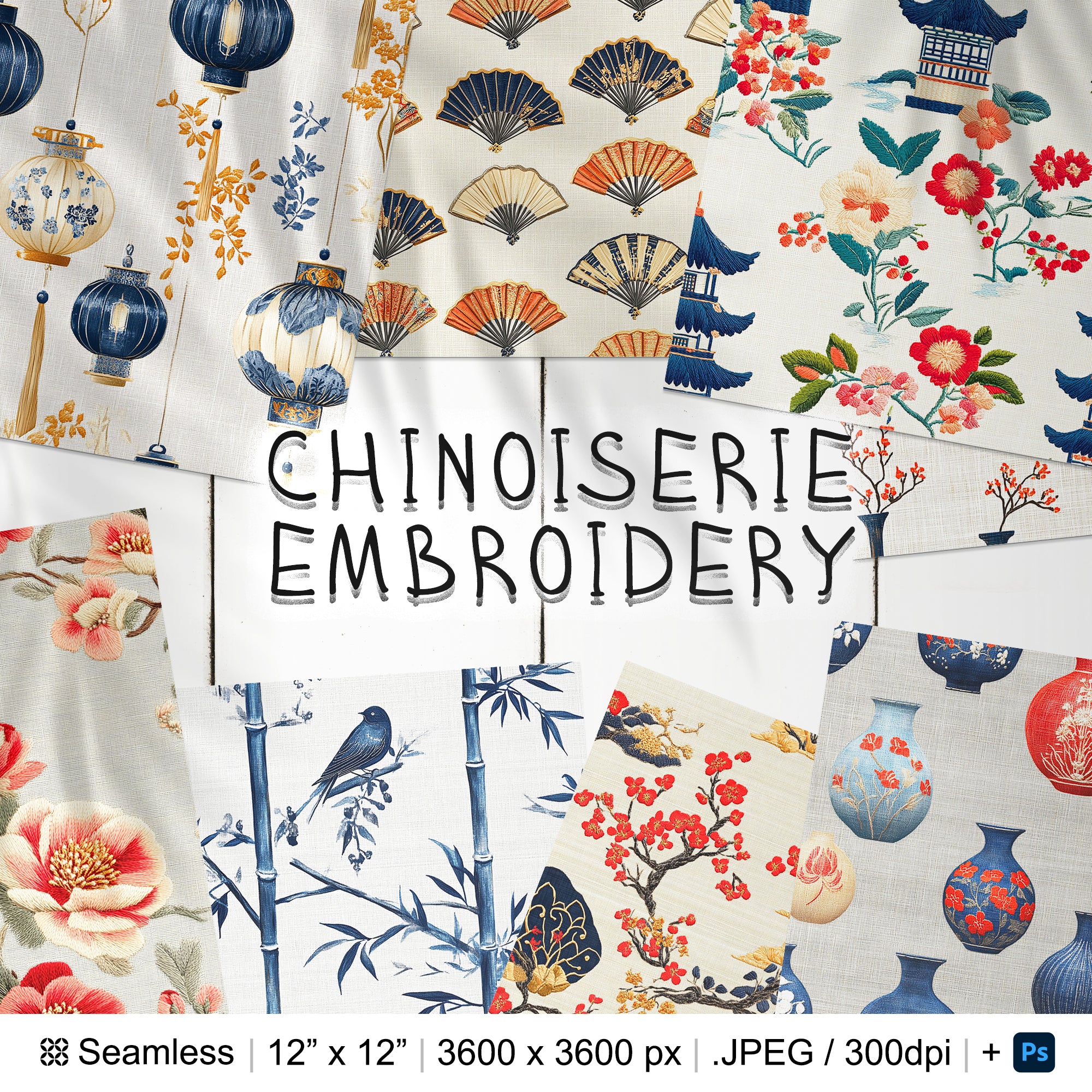 30 Chinoiserie Embroidery Seamless Pattern Background | Chinoiserie Fabric Digital Seamless Texture | Photoshop Chinoiserie Fabric Pattern