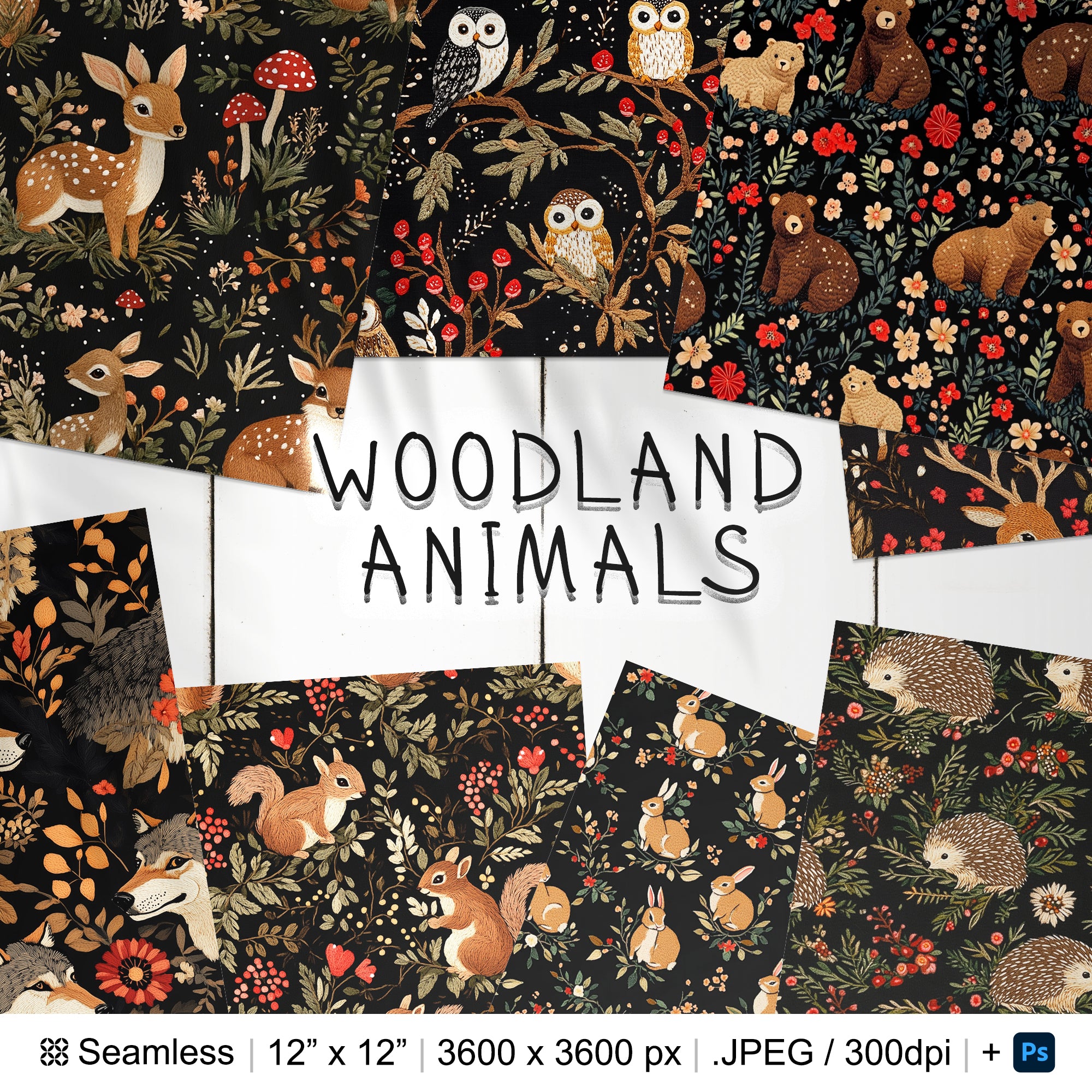 25 Woodland Animals Embroidery Seamless Pattern Background | Forest Animals Digital Seamless Textures | Wild Animals Photoshop Patterns