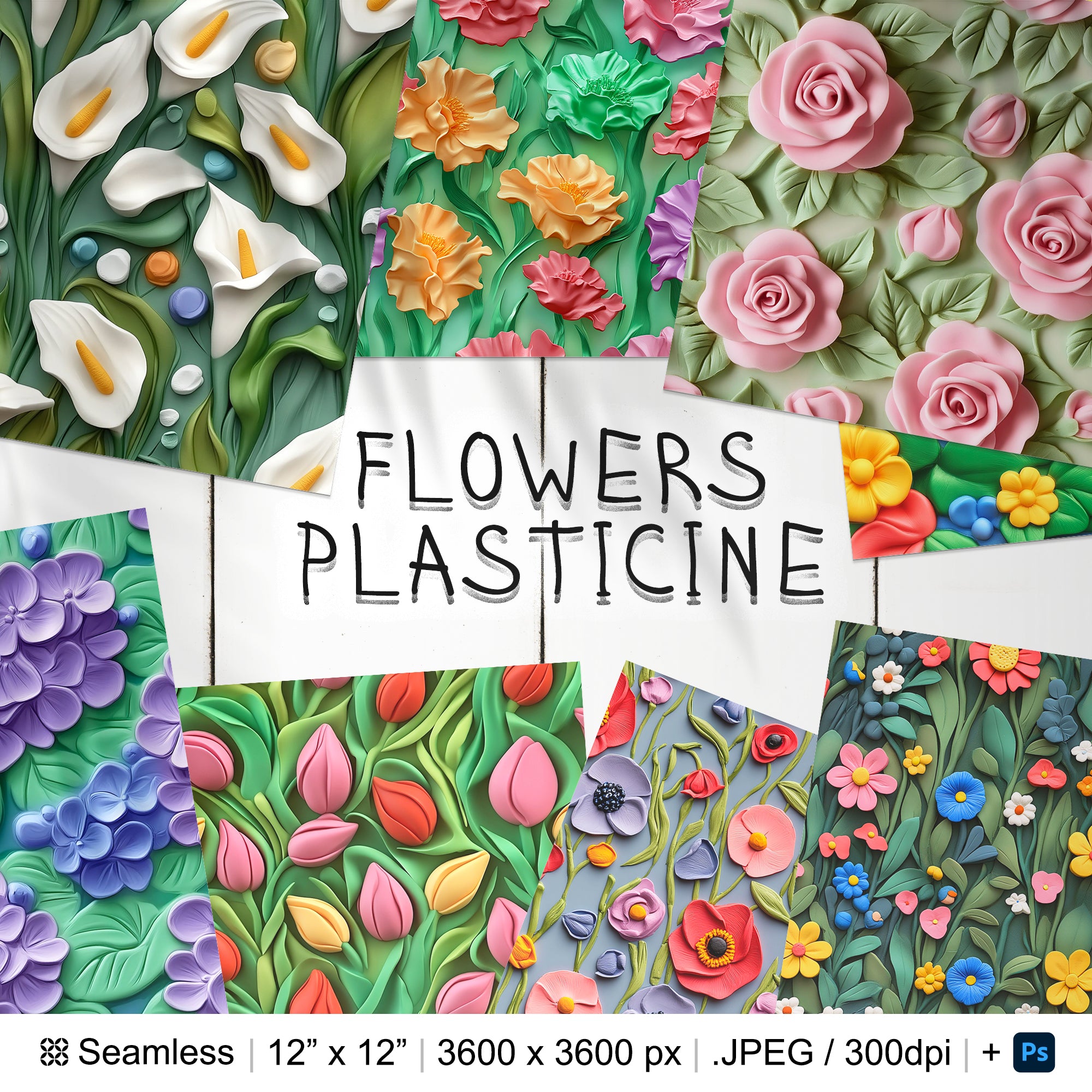 30 Plasticine Flowers Seamless Pattern Background | Floral Garden Digital Seamless Textures | Plasticine Flowers Photoshop Patterns