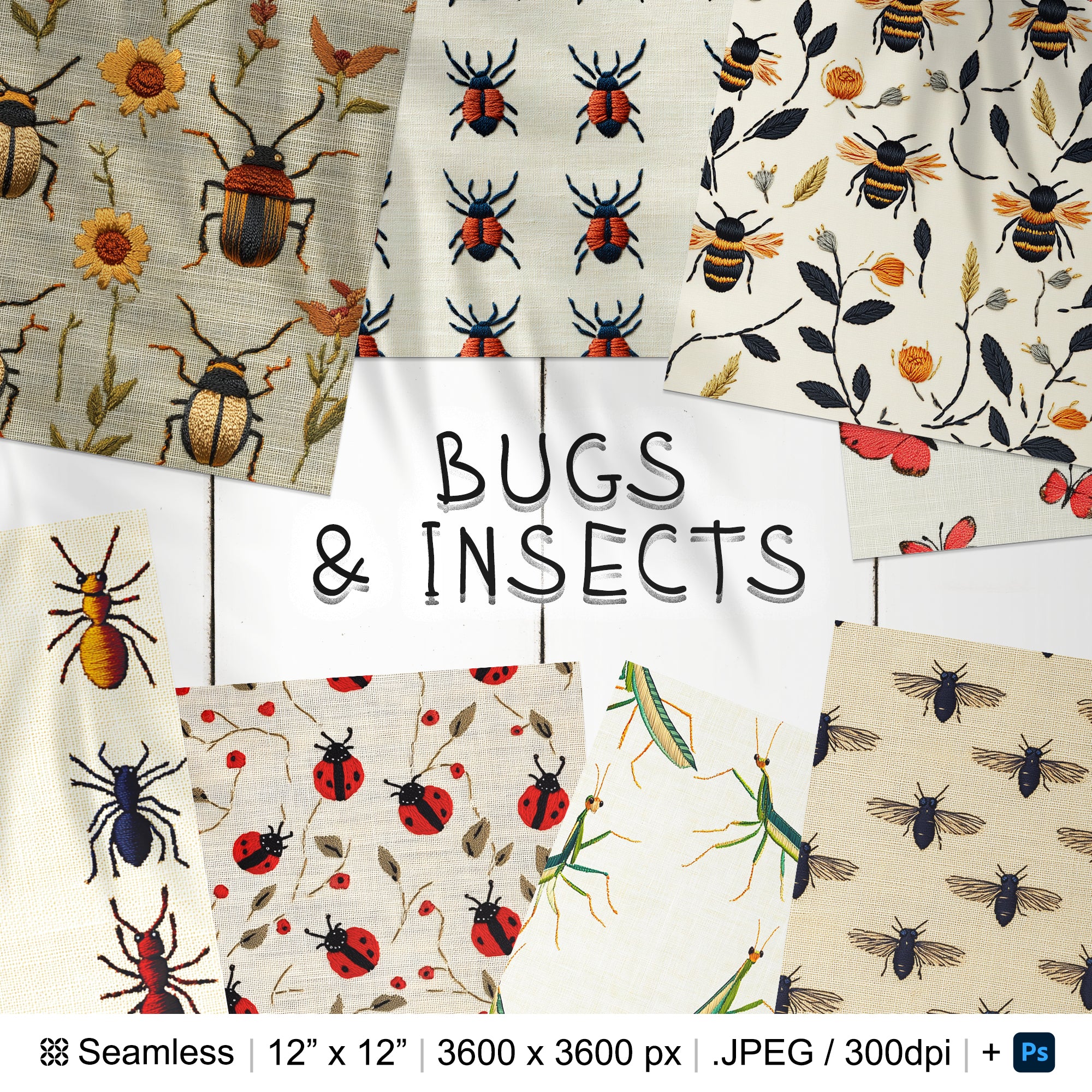 30 Bugs & Insects Embroidery Seamless Pattern Background | Butterflies Digital Seamless Pattern | Ladybugs Digital Paper | Photoshop Pattern