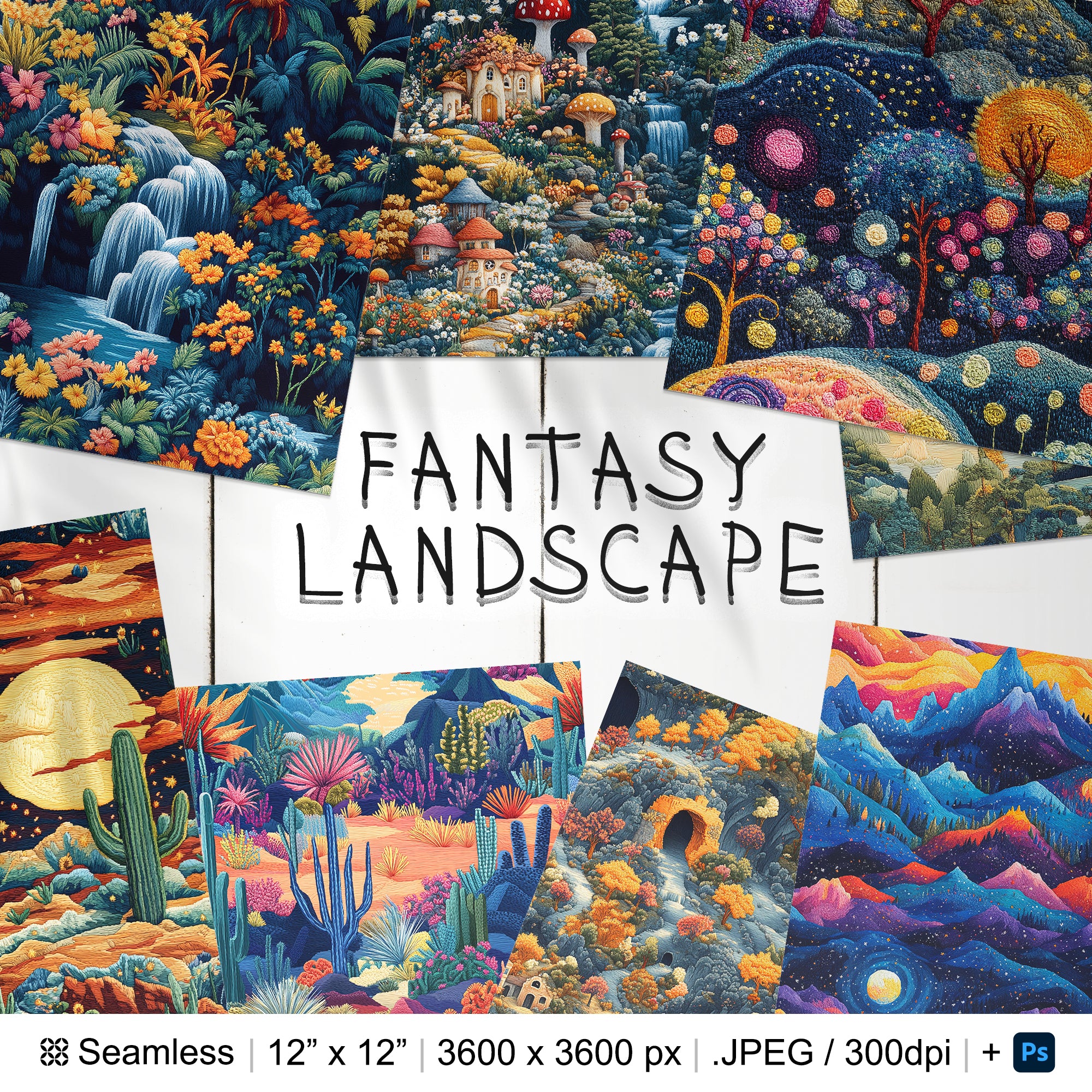 30 Fantasy Landscapes Embroidery Seamless Pattern Background | Forest Landscape Digital Seamless Textures | Photoshop Landscapes Patterns