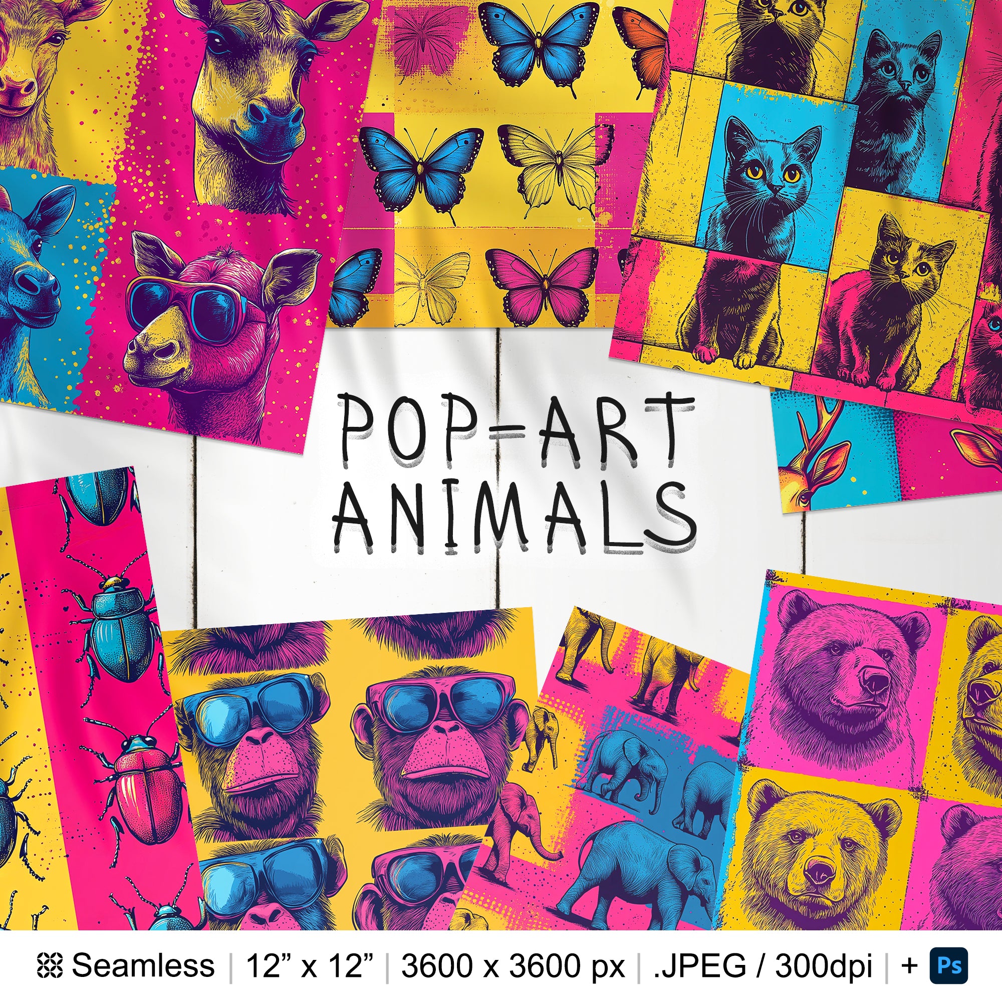 30 Pop-Art Animals Seamless Pattern Background | Pop-Art Cat Seamless Texture | PopArt Dogs Digital Paper | Photoshop PopArt Giraffe Pattern