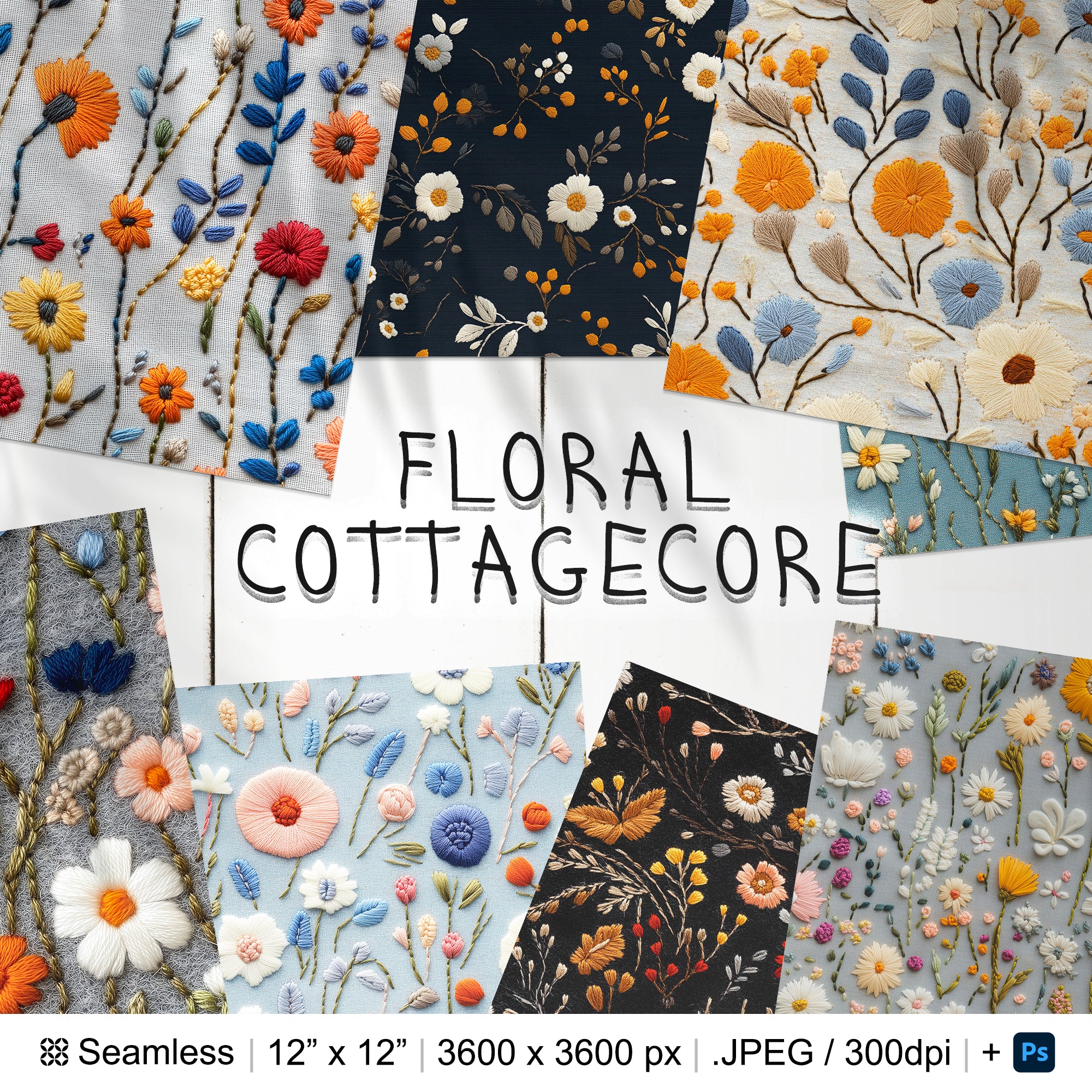 37 Cottagecore Floral Embroidery Seamless Pattern | Embroidered Flowers Digital Seamless Pattern | Floral Digital Paper | Photoshop Flowers