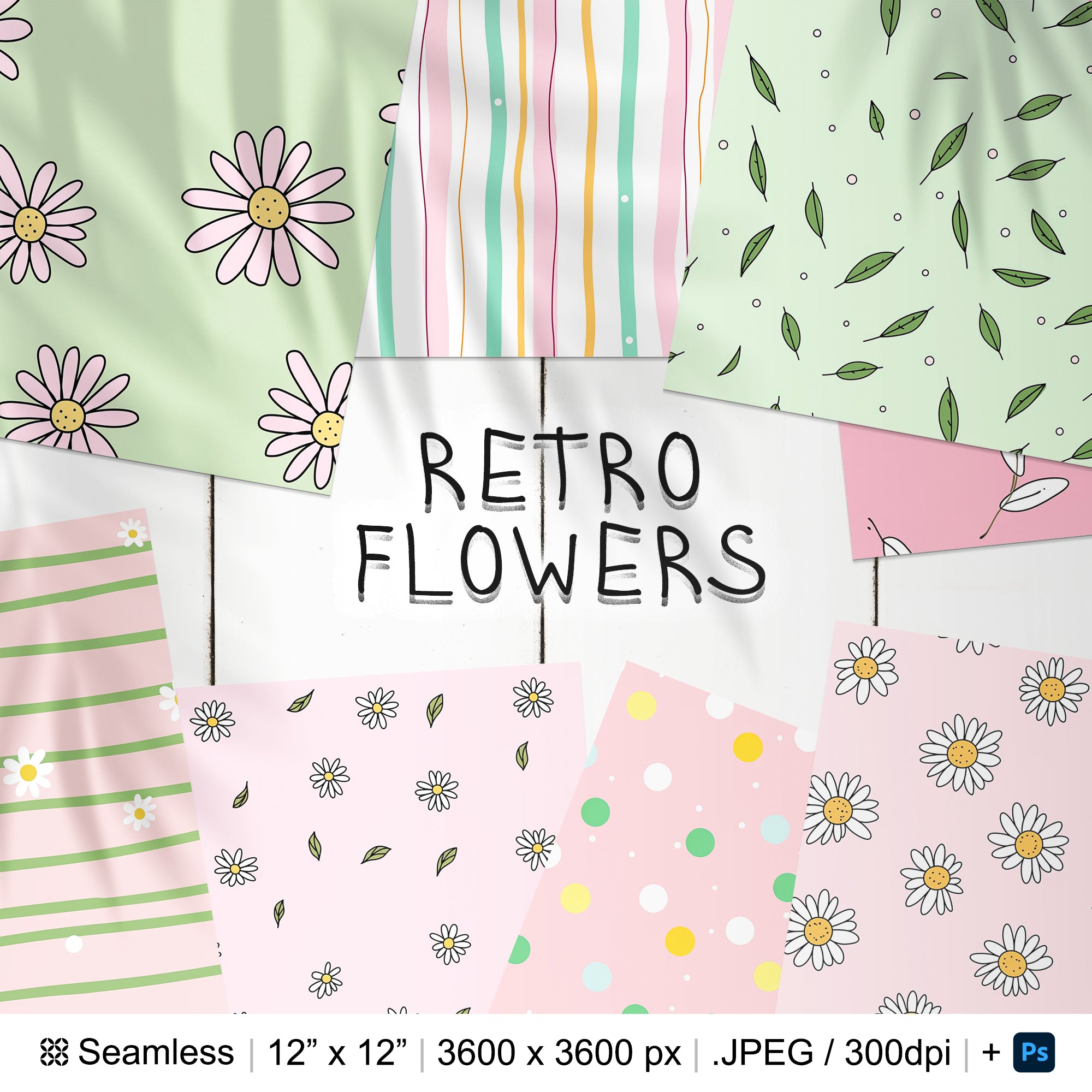 20 Retro Flowers Seamless Pattern | Flowers Printable Digital Paper | Photoshop Retro Floral Patterns | Flowers Seamless Repeat Pattern