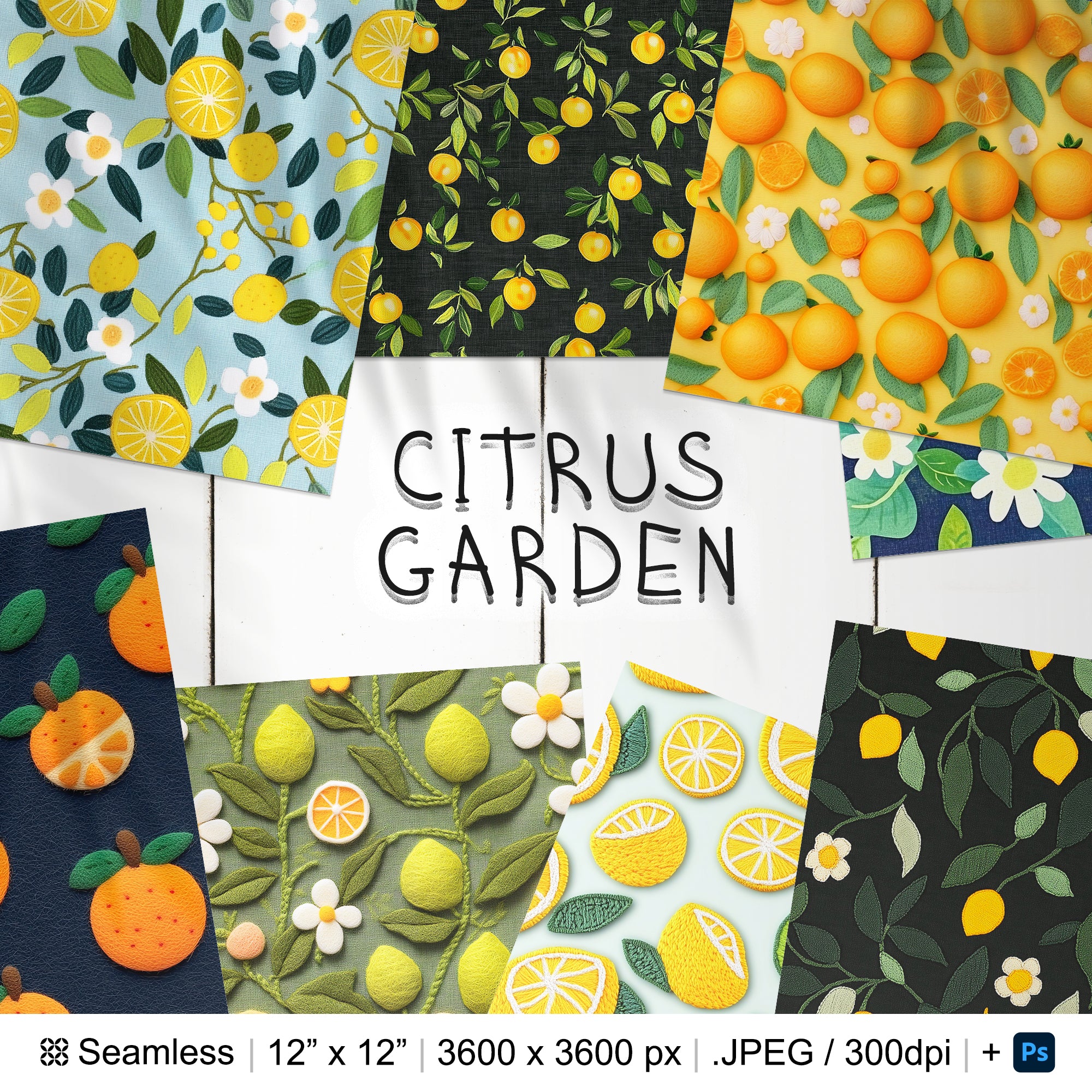 35 Citrus Embroidery Seamless Pattern Background | Citrus Garden Digital Pattern | Citrus Digital Paper | Photoshop Lemon Oranges Patterns