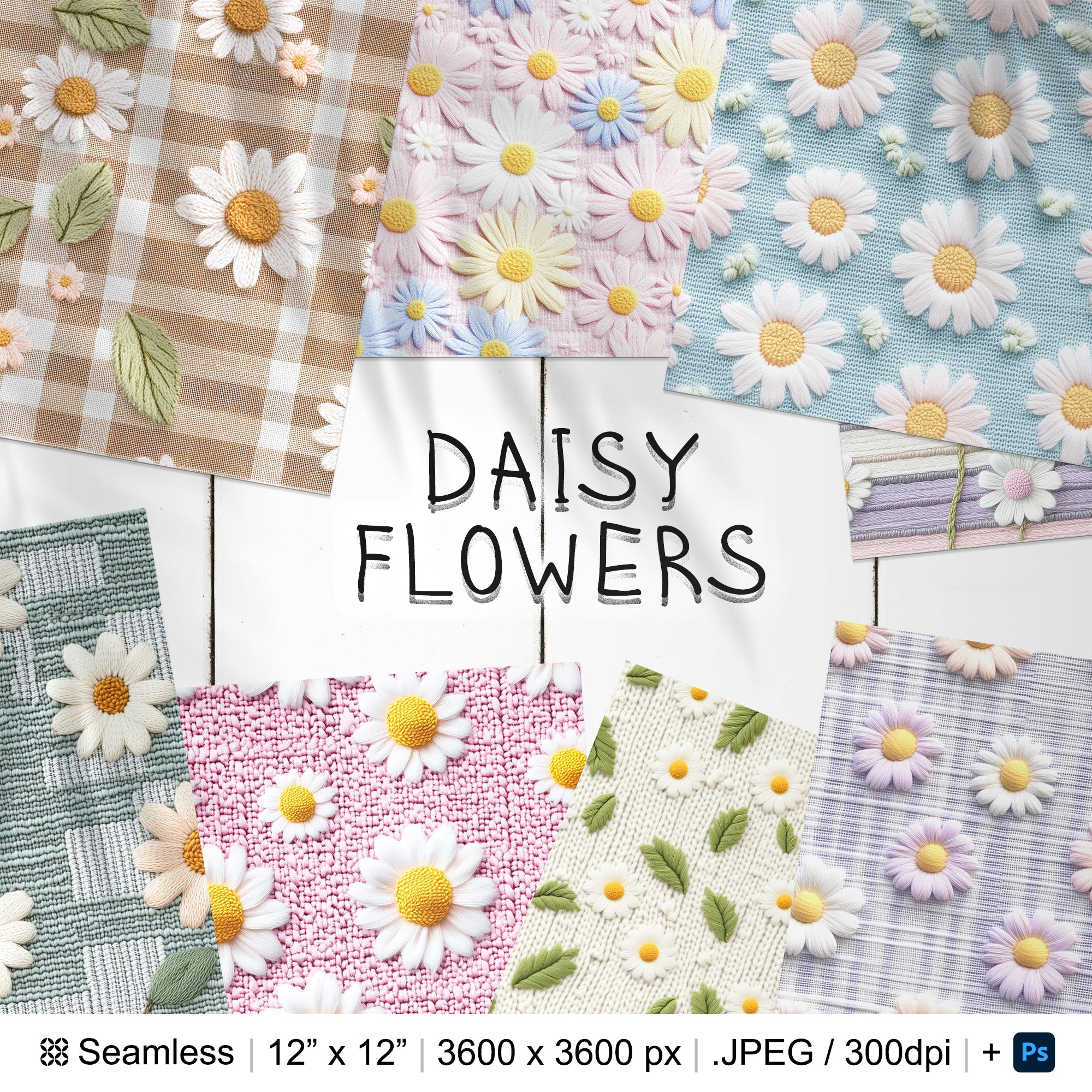 22 Daisy Flowers Embroidery Pattern Background | Floral Digital Seamless Pattern | Daisies Digital Paper | Photoshop Daisy Flowers Patterns