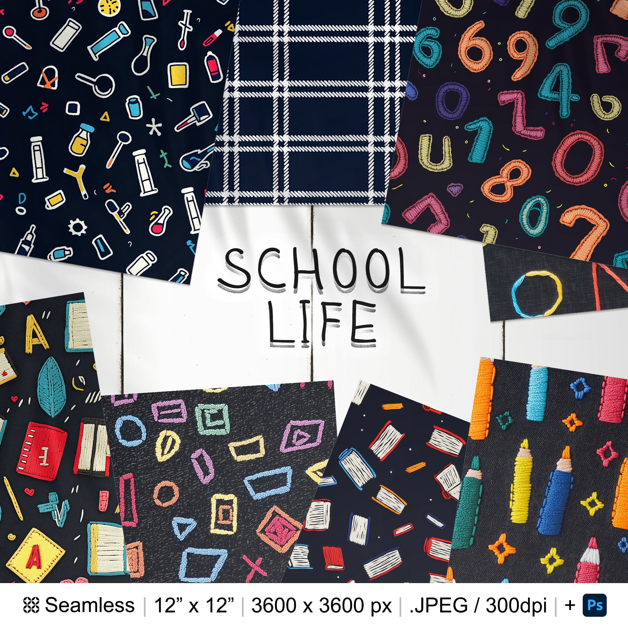 31 School Life Embroidery Seamless Pattern | School Doodles Supplies Digital Seamless Pattern | School Digital Paper | Photoshop Patterns