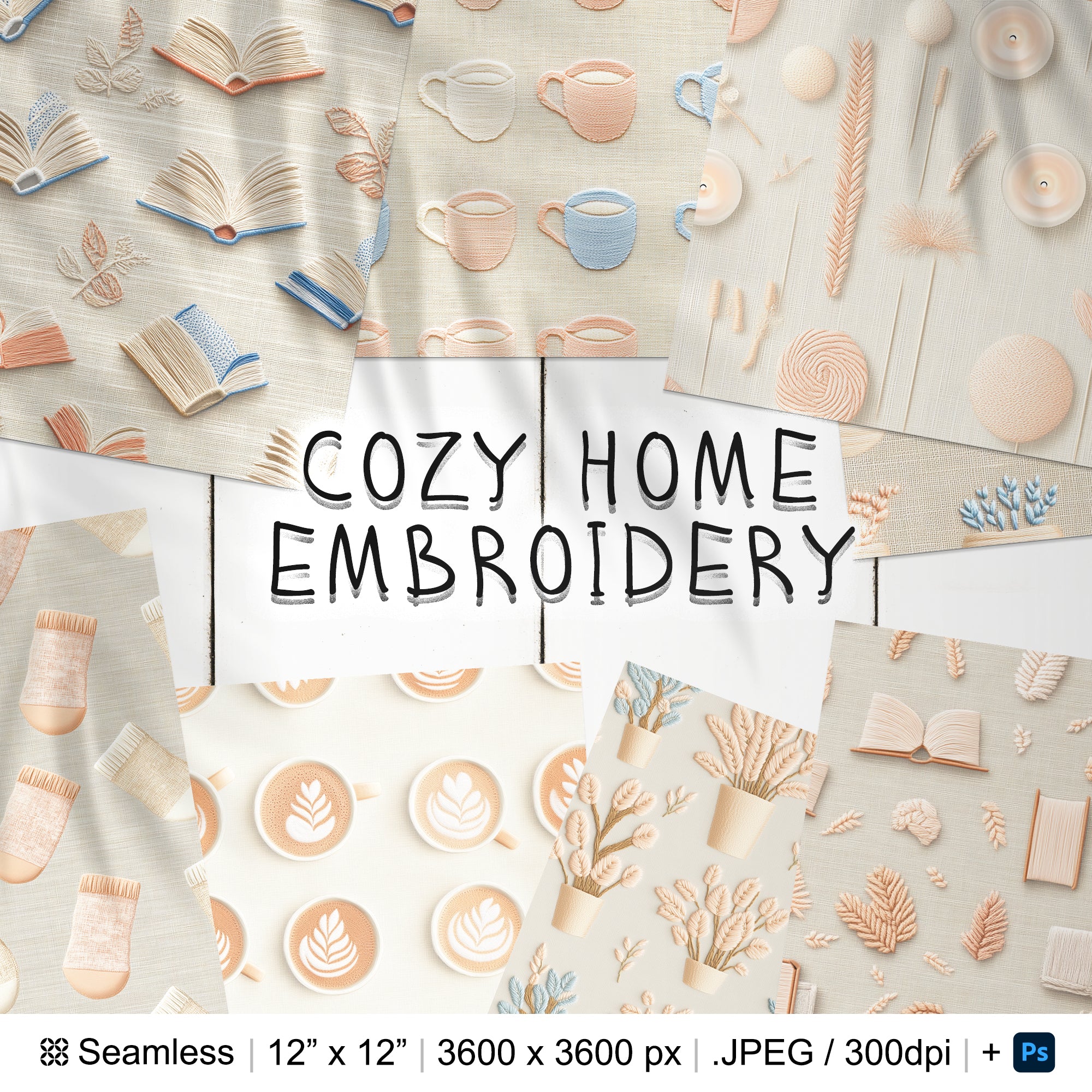 30 Cozy Home Embroidery Seamless Pattern Background | Candles Digital Seamless Texture | Photoshop Coffee Embroidery Patterns