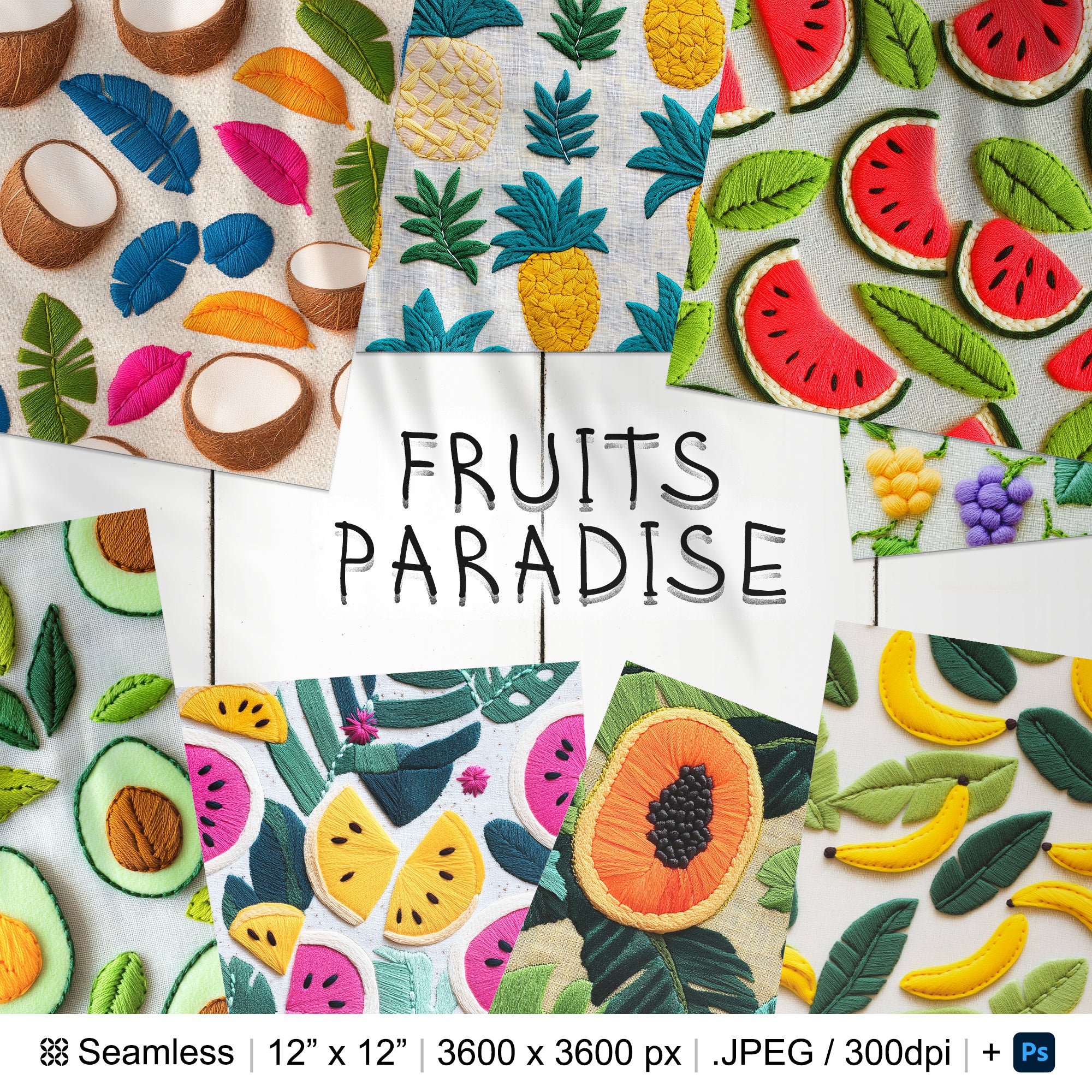 27 Fruits Embroidery Seamless Pattern Background | Tropical Fruits Digital Paper | Photoshop Patterns | Watermelon Apple Cherry Avocado Kiwi