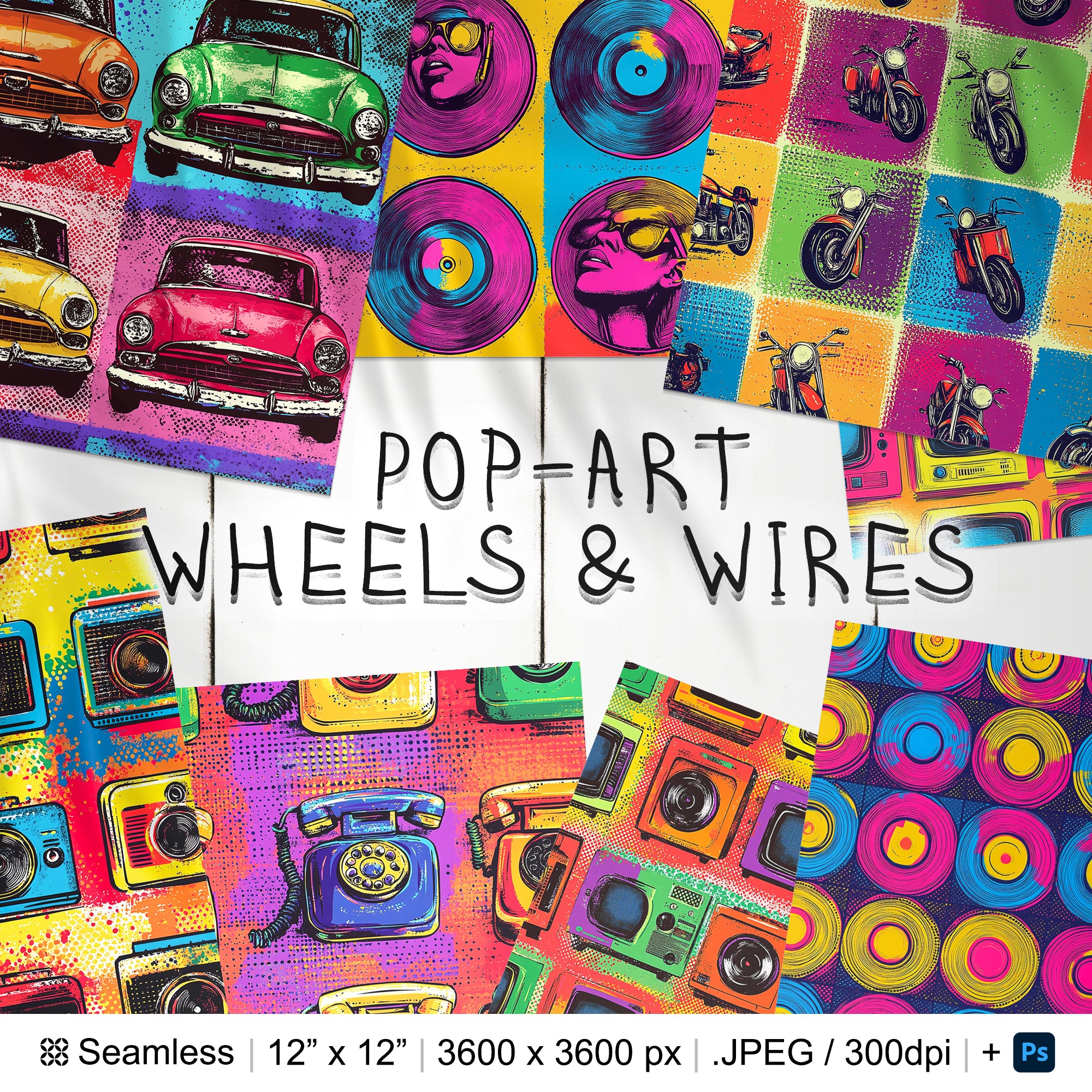 27 Pop-Art Wheels & Wires Seamless Pattern Background | Pop-Art Retro Cars Seamless Texture | Pop-Art Vintage Machines Digital Paper