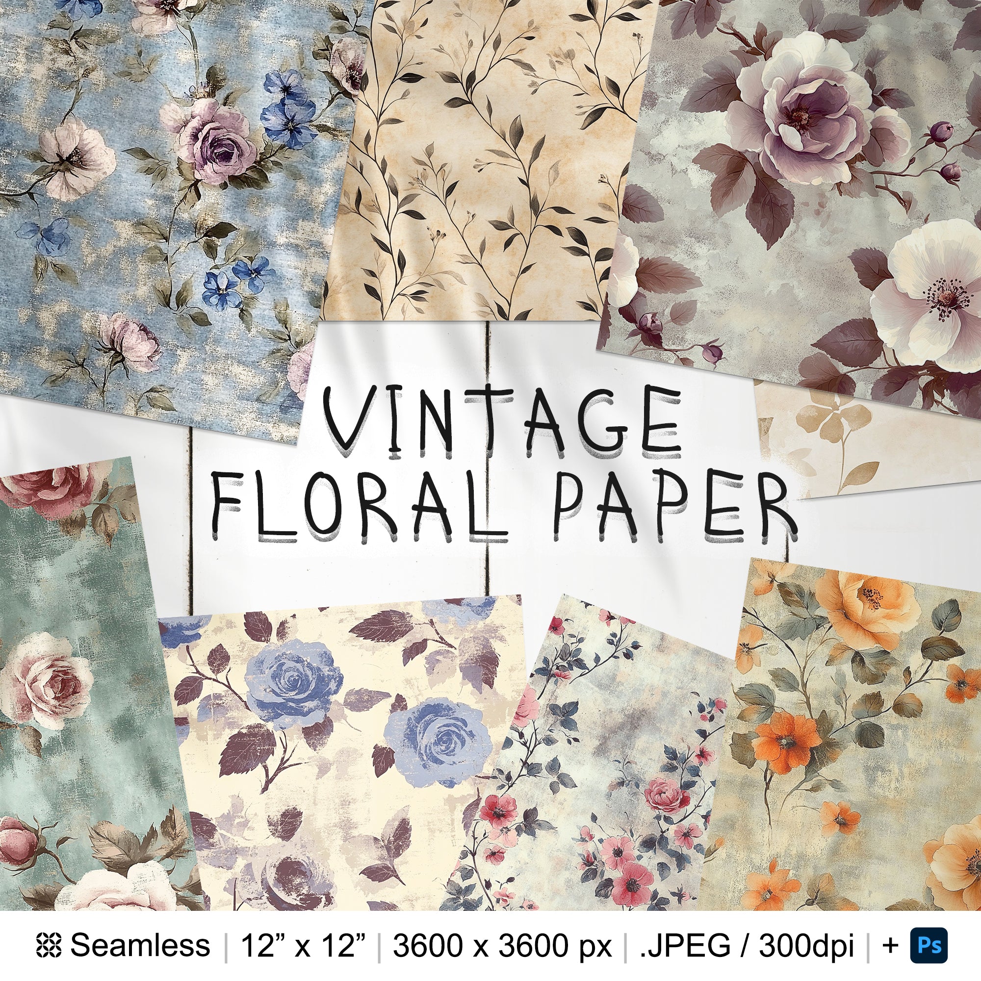 32 Vintage Floral Paper Seamless Pattern | Vintage Flowers Canvas Digital Seamless Pattern | Digital Paper | Photoshop Floral Paper Patterns