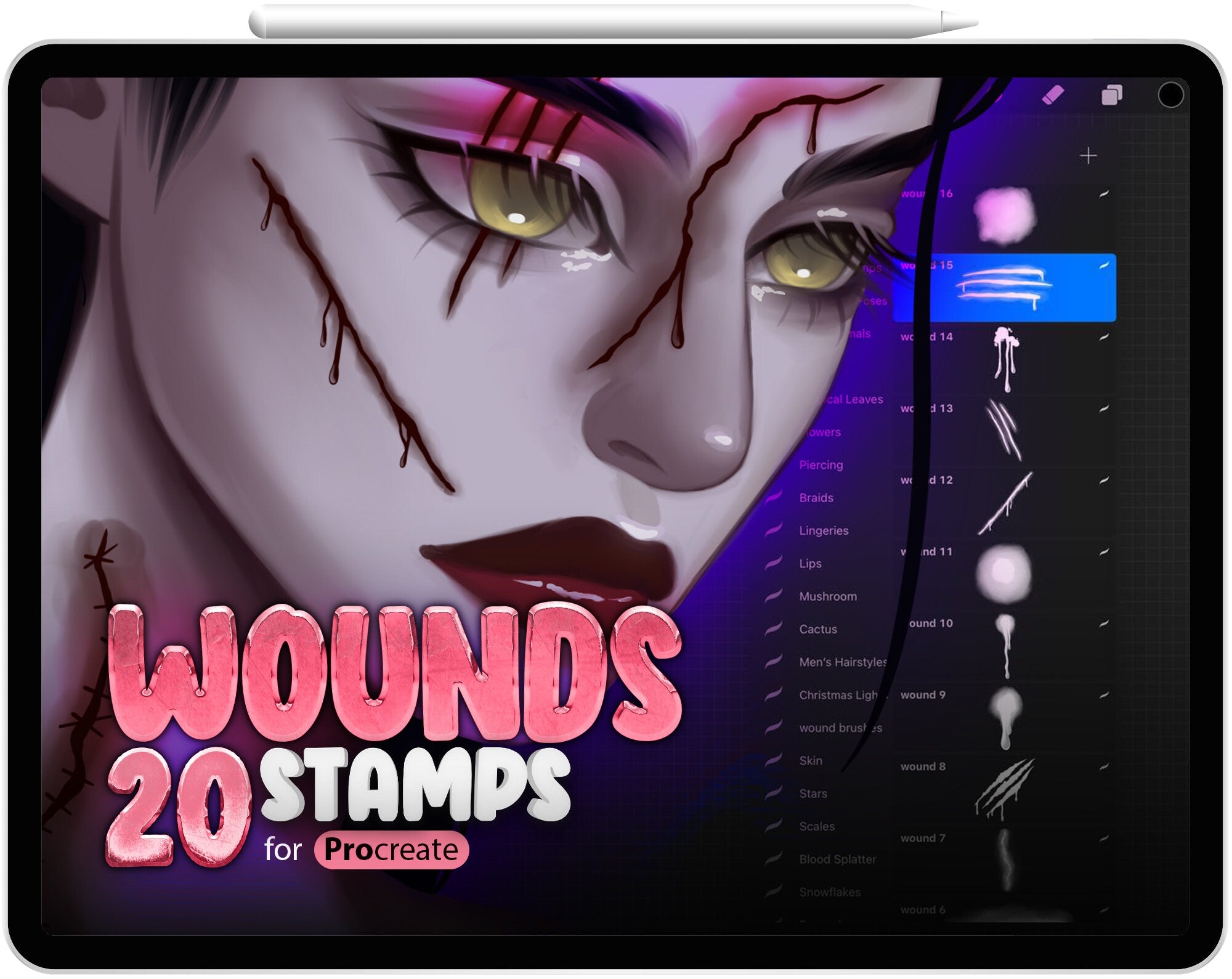 20 Procreate Wound Brushes, Procreate Scars Brushes, Lacerated wounds, Bleed Face, Bloody brushes, Makeup, Injury, Cut, Wounded Skin