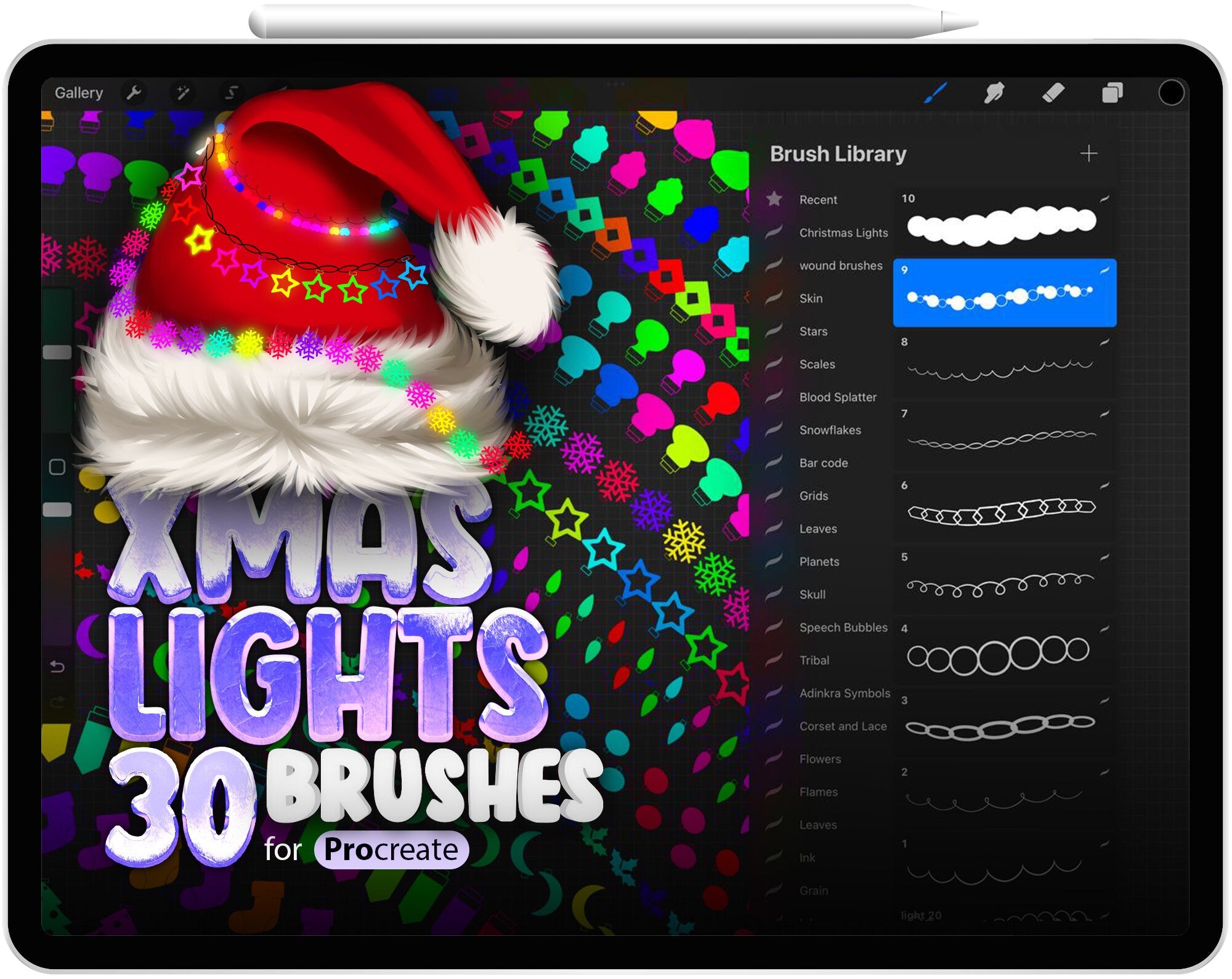 30 Procreate Christmas lights Brushes, Procreate Xmas lights Brushes, Christmas Colorful Lights, Procreate Christmas Light String, Glowforge