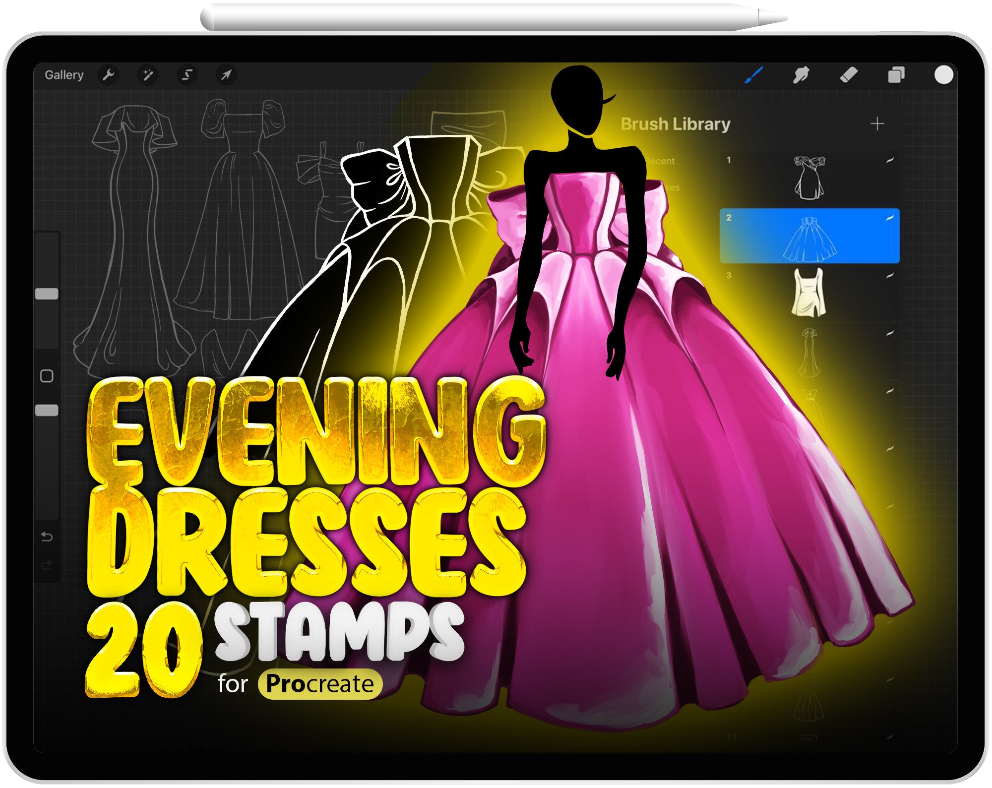 20 Procreate Wedding Dresses Stamp Brushes, Procreate Evening dresses Stamp Brushes