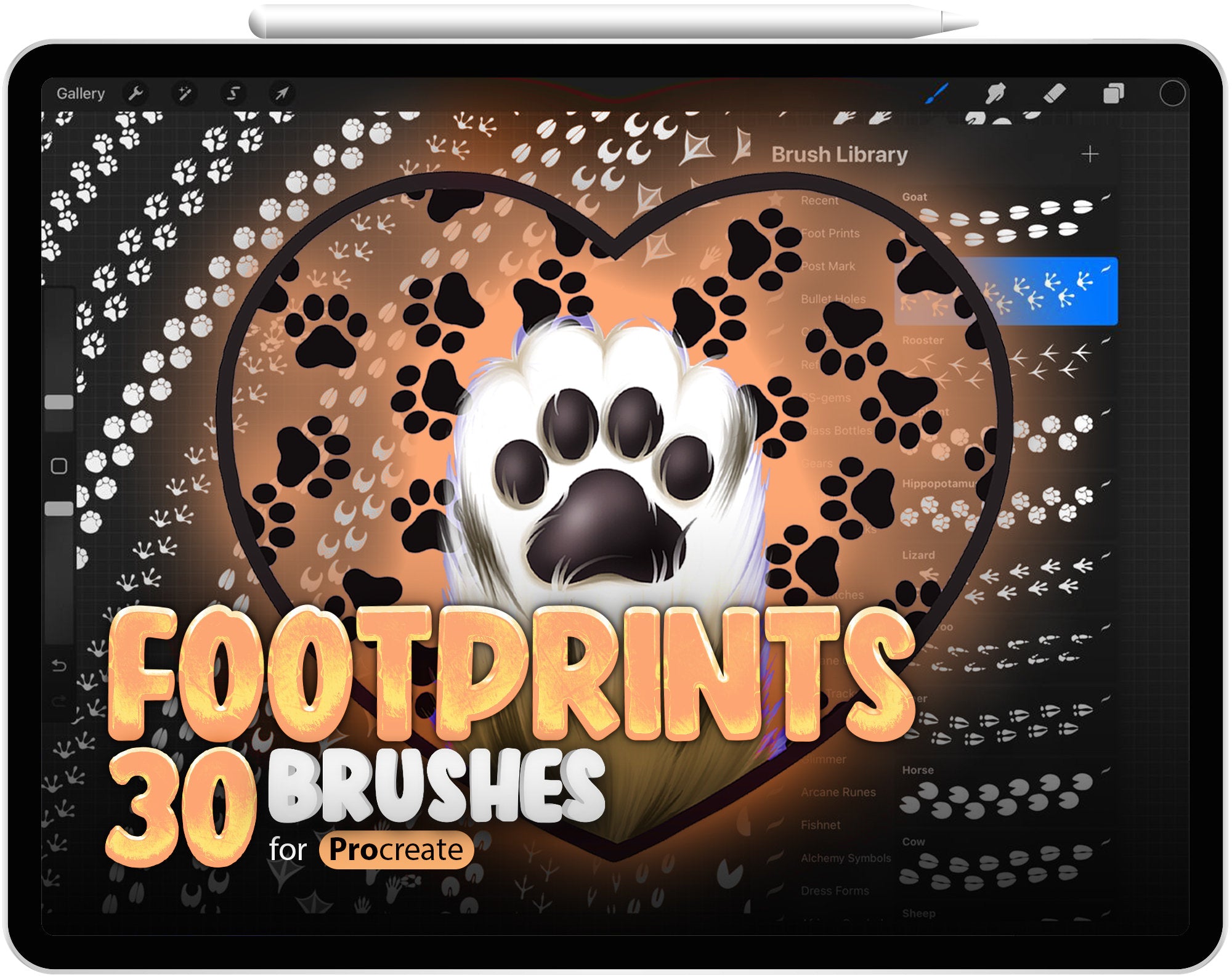 30 Procreate Footprints Brushes, Procreate Animals Footprint, Raccoon, Donkey, Antelope, Owl, Dove, Zebra, Crocodile, Duck, Pig, Goat, Frog