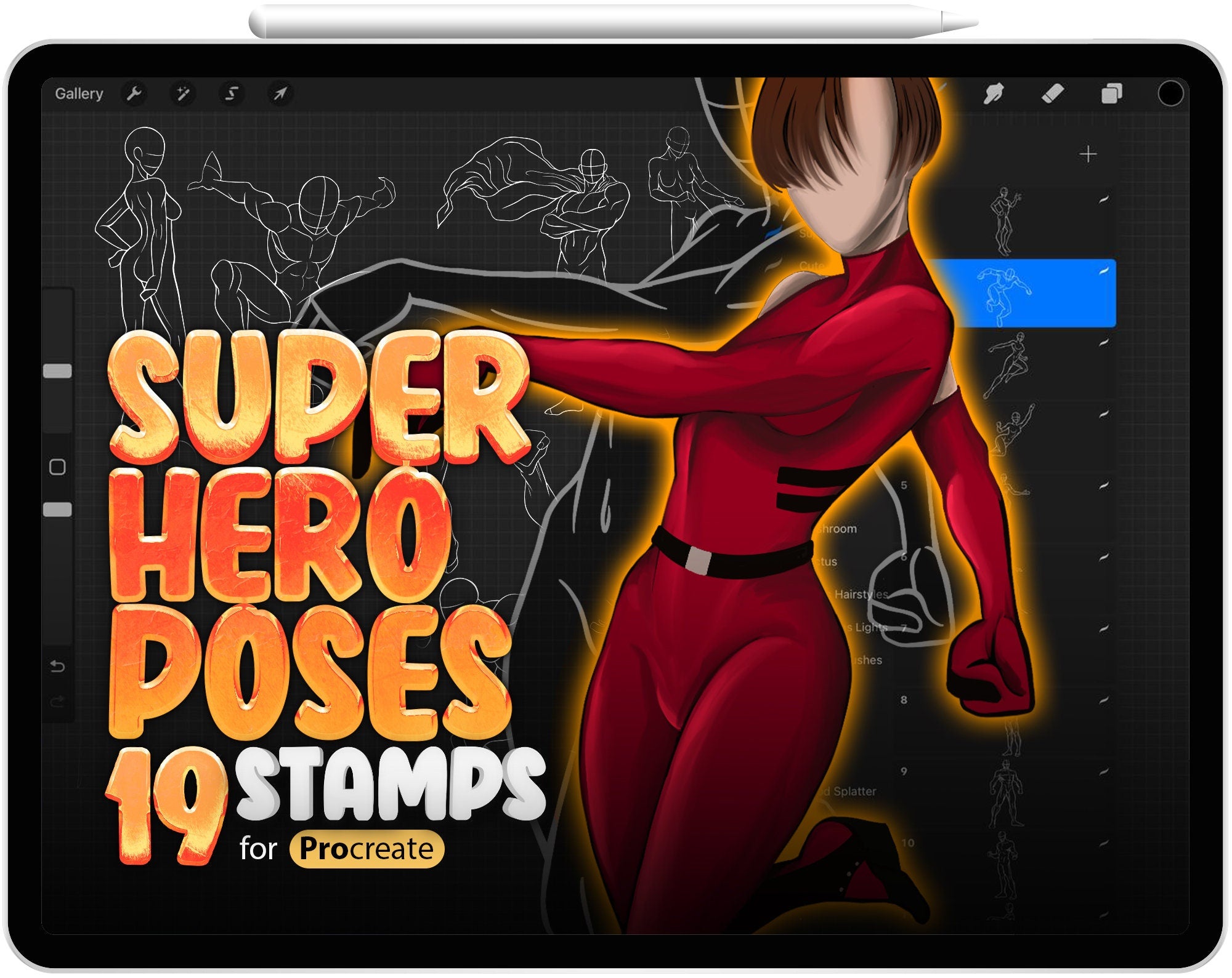 19 Procreate Superhero Poses Stamp Brushes, Procreate Super Girl, Procreate Super Man, Procreate Super Hero, Stamp, Brush