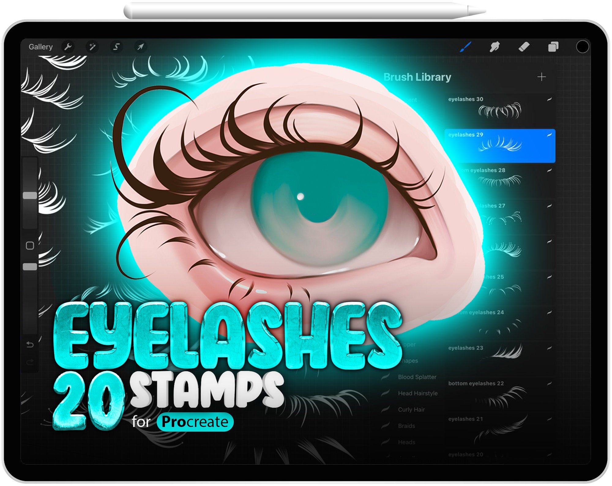 30 Procreate Eyelashes Stamp Brushes, Portrait Lashes Brushes, Makeup Stamps, Eye Stamps, Brush