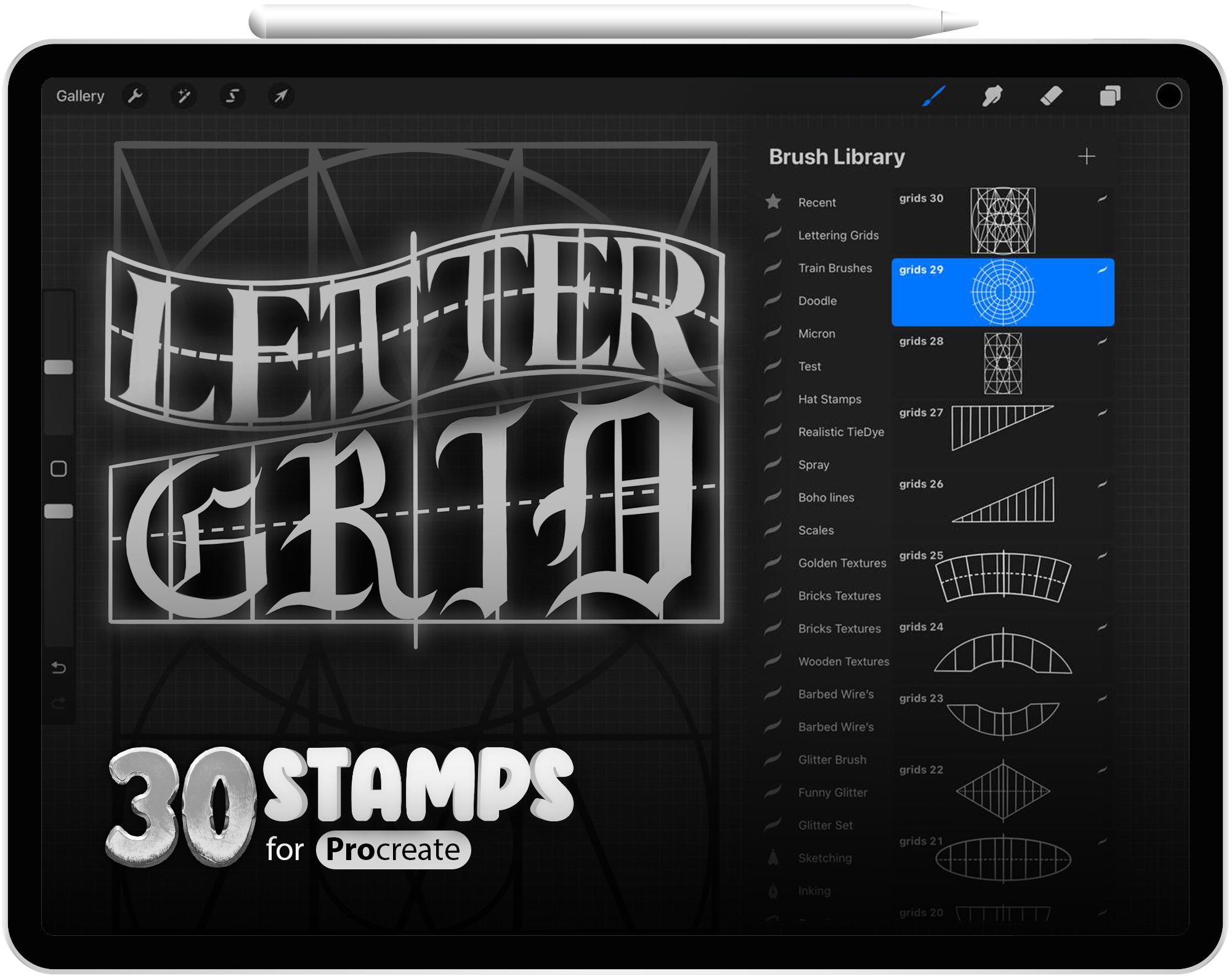 30 Procreate Letter Grids Stamp Brushes,