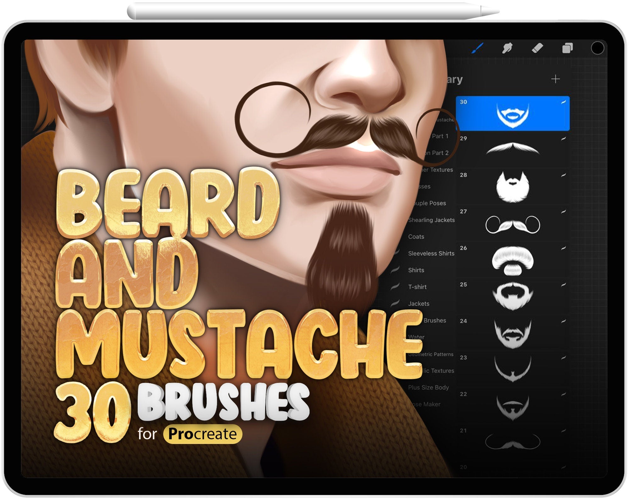 30 Procreate Beards and Mustaches Stamp Brushes, Procreate Male Bristles Stamp Brushes, Procreate Barbel Brush, Procreate Beard Bruh