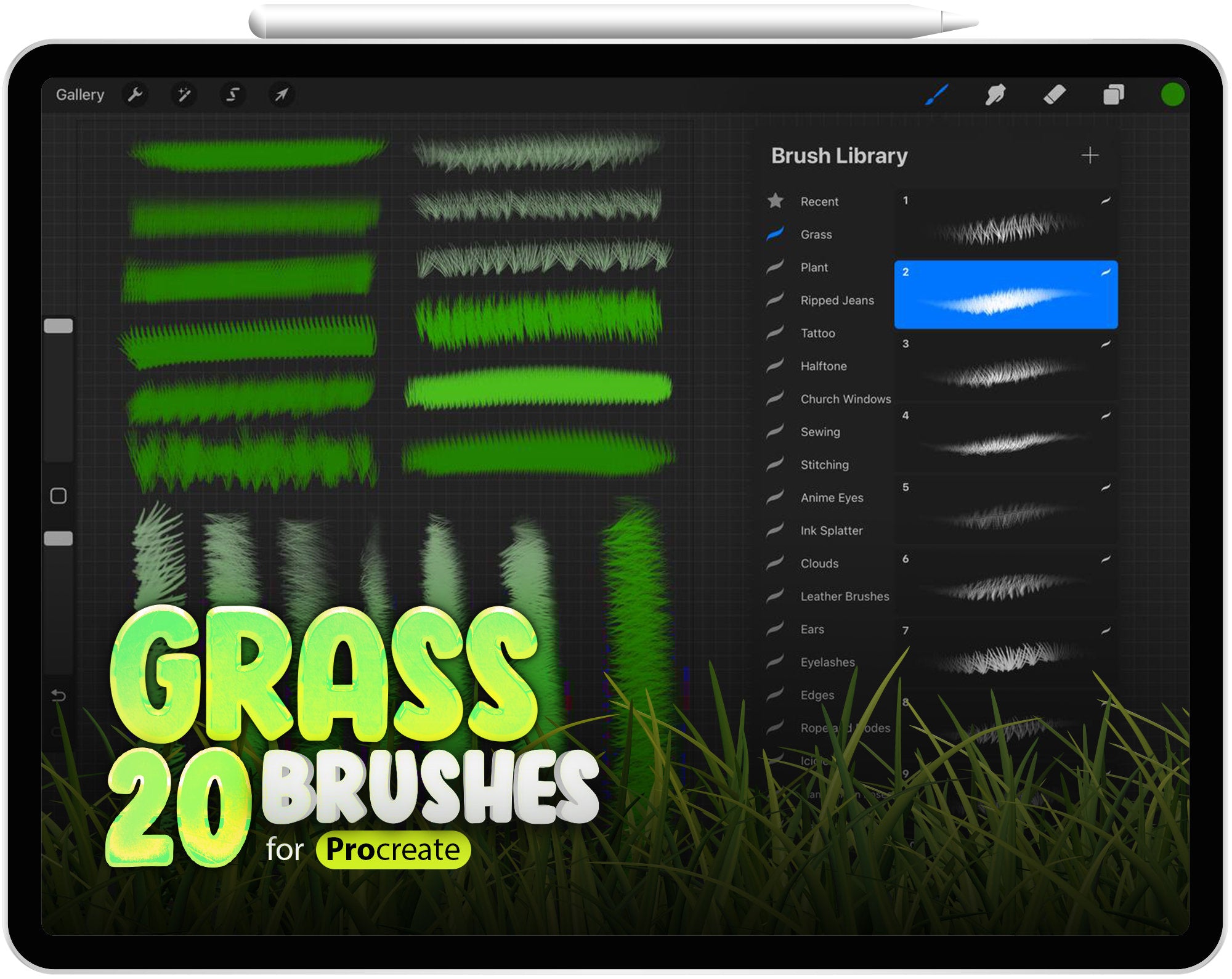 20 Procreate Grass Stamp Brushes, 20 Photoshop Grass Stamp Brushes, Nature, Greenery, Grass, Bushes