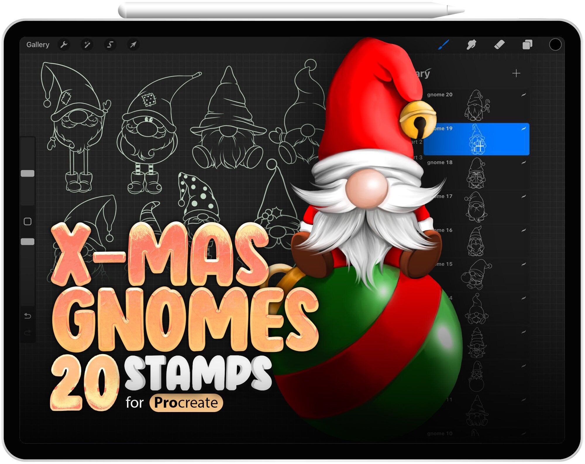 20 Procreate Christmas Gnomes Stamp Brushes, Procreate X-mas Brush, Procreate Winter Brushes, Procreate New Year Brush