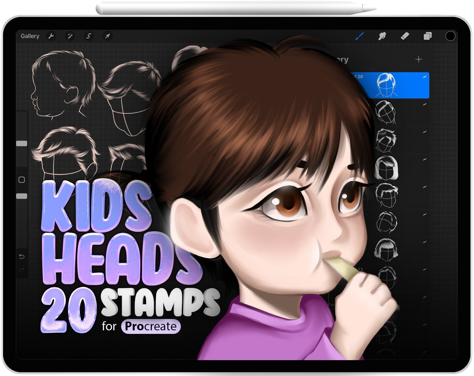 20 Procreate Kids Portraits Stamp Brushes, Procreate Kids Heads Stamp Brushes, Procreate Kids Hairdo Stamp Brushes, Boy, Girl, Children