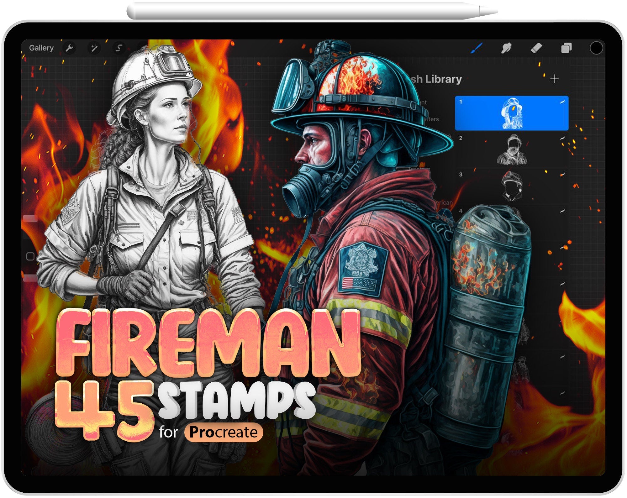 45 Procreate Fireman Stamp Brushes, Procreate Fireman Stamps, Procreate Firewoman Stamps, Fire Fighter Brush, Fireman Portrait Guide