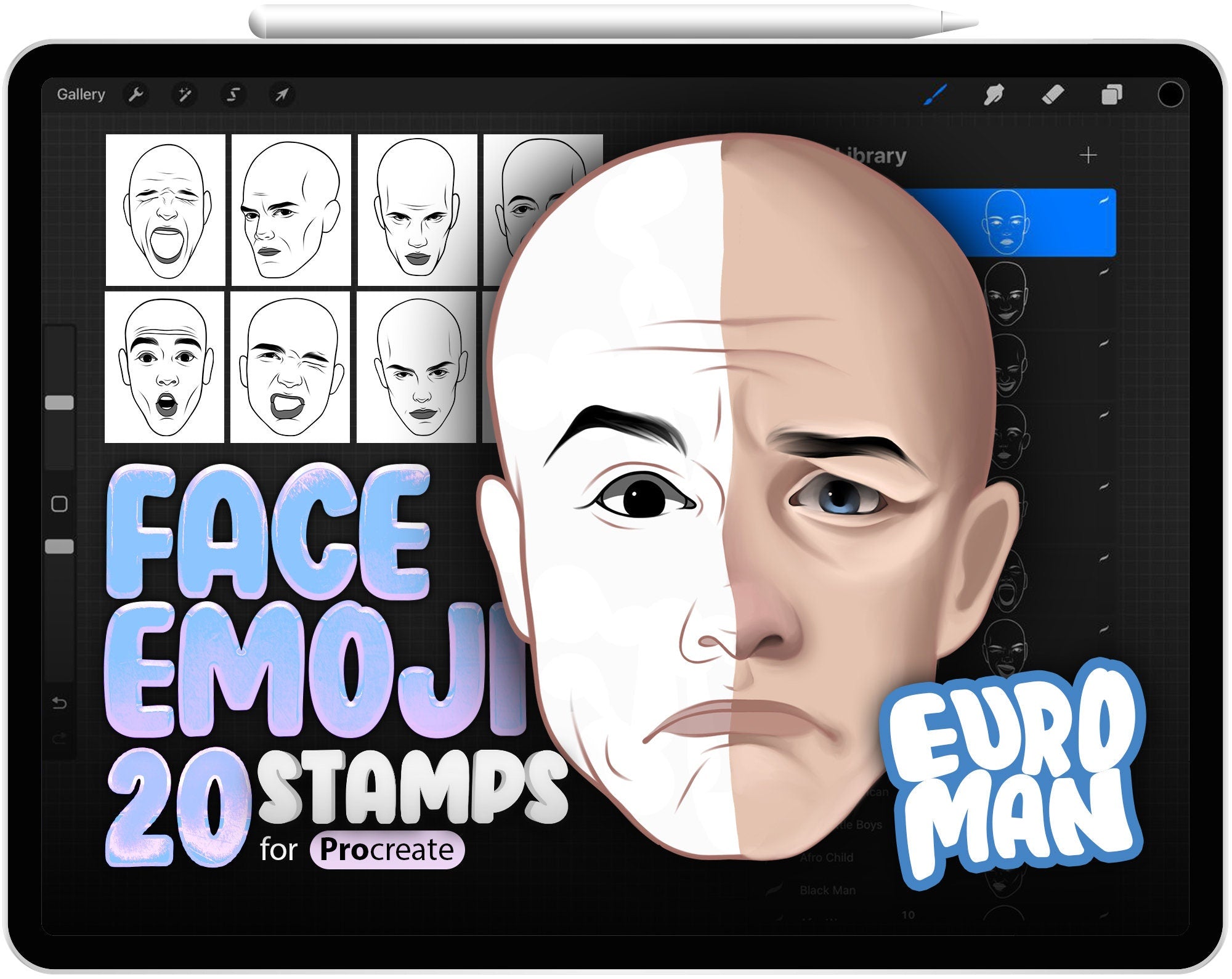 20 Procreate European Man Face Emotion Stamp Brushes, Procreate Face Emoji Brush, Face Stamp Procreate, Man, Boy Head Procreate Brush