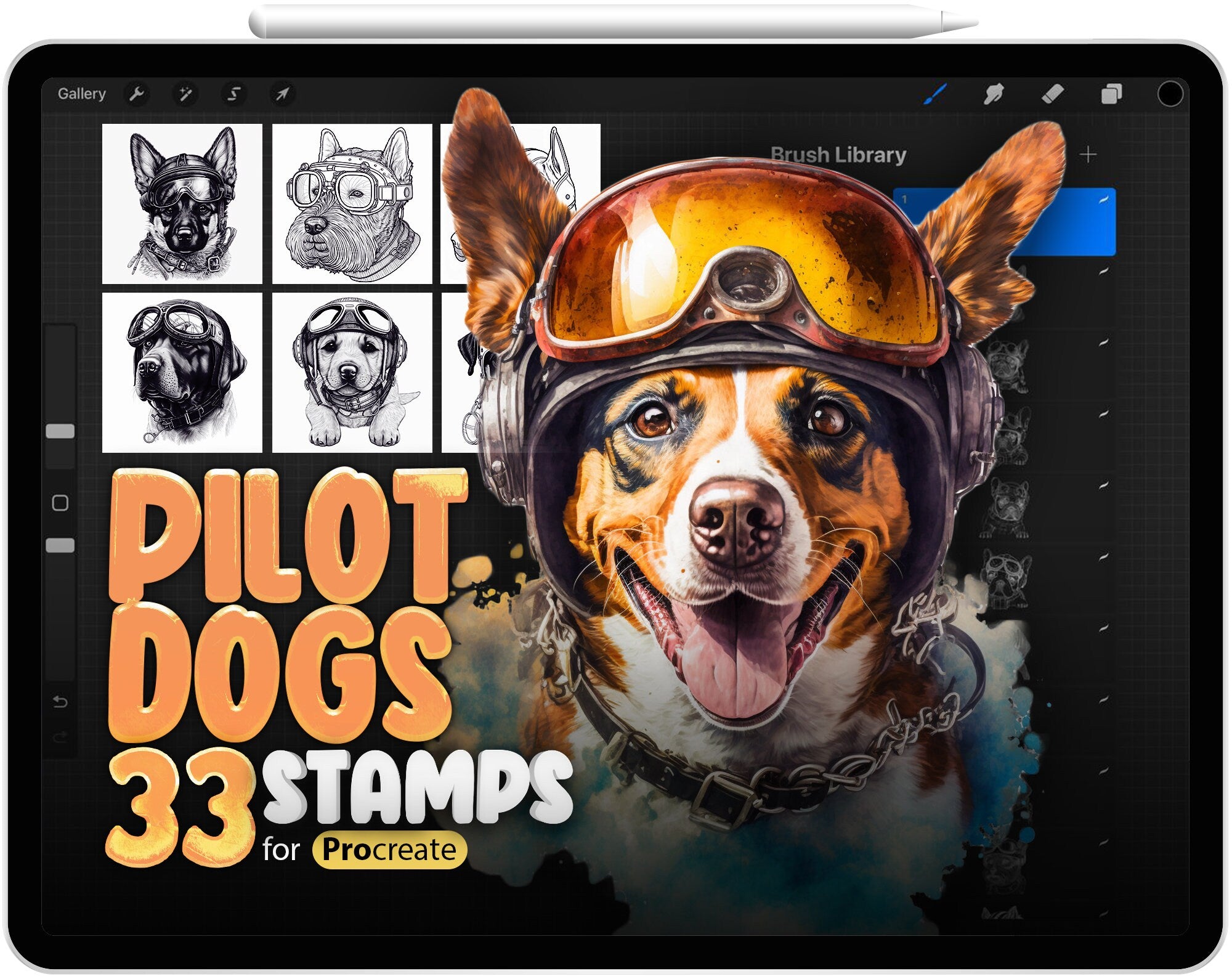 33 Procreate Pilot Dogs Stamp Brushes, Procreate Dogs in a pilot's helmet and glasses Sketches, Procreate Dog Brush