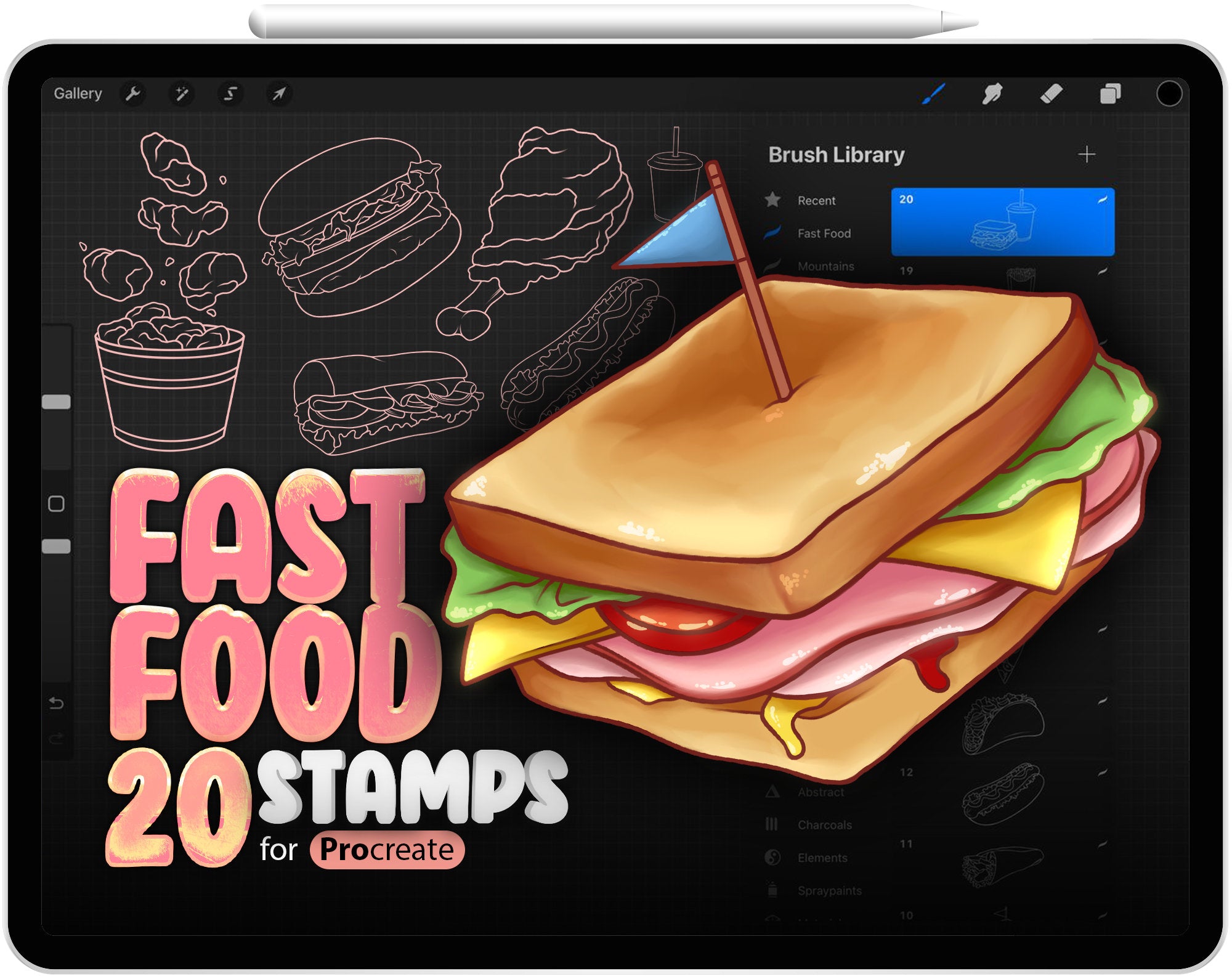 20 Procreate Fast Food Stamp Brushes, Fries, Chicken Wing, Burger Brush, Popcorn Brush, Hot Dog Brush, Taco Brush, Pizza Brush, Kebab Brush