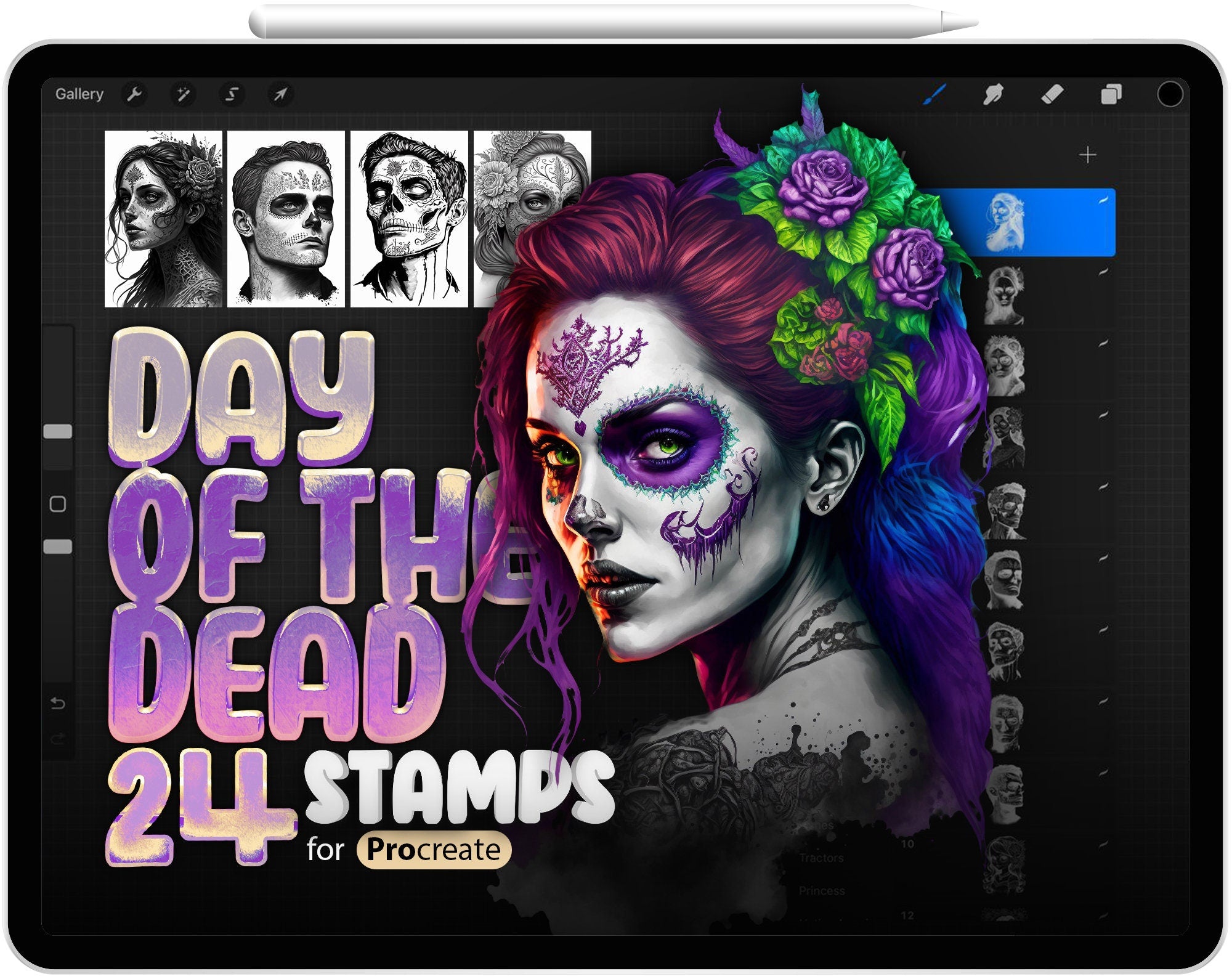 24 Procreate Day of the Dead Stamp Brushes, Procreate Mexican, Day of the Dead Man, Day of the Dead Skull, Day of the Dead Makeup