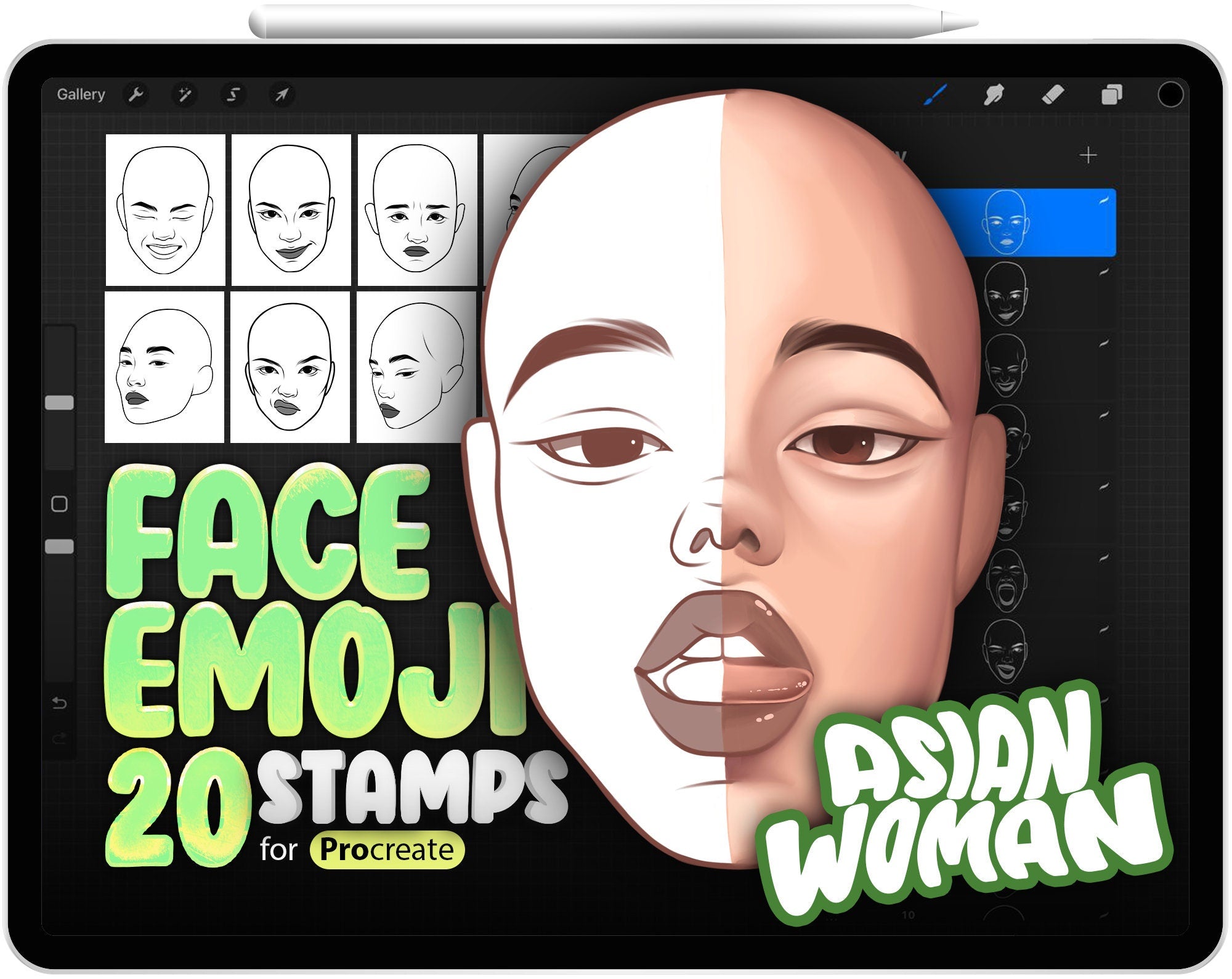 20 Procreate Asian Woman Face Emotions Stamp Brushes, Procreate Girl Asian Face Emoji Brush, China, Japan, Korea, Girl, Head, Portrait