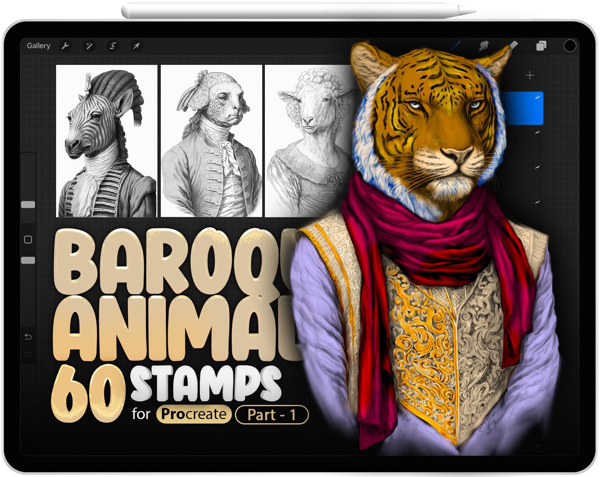 60 Procreate Baroque Animals Part -1 Stamp Brushes, Procreate Bear, Procreate Bat, Procreate Zebra, Procreate Yak, Procreate Wolf