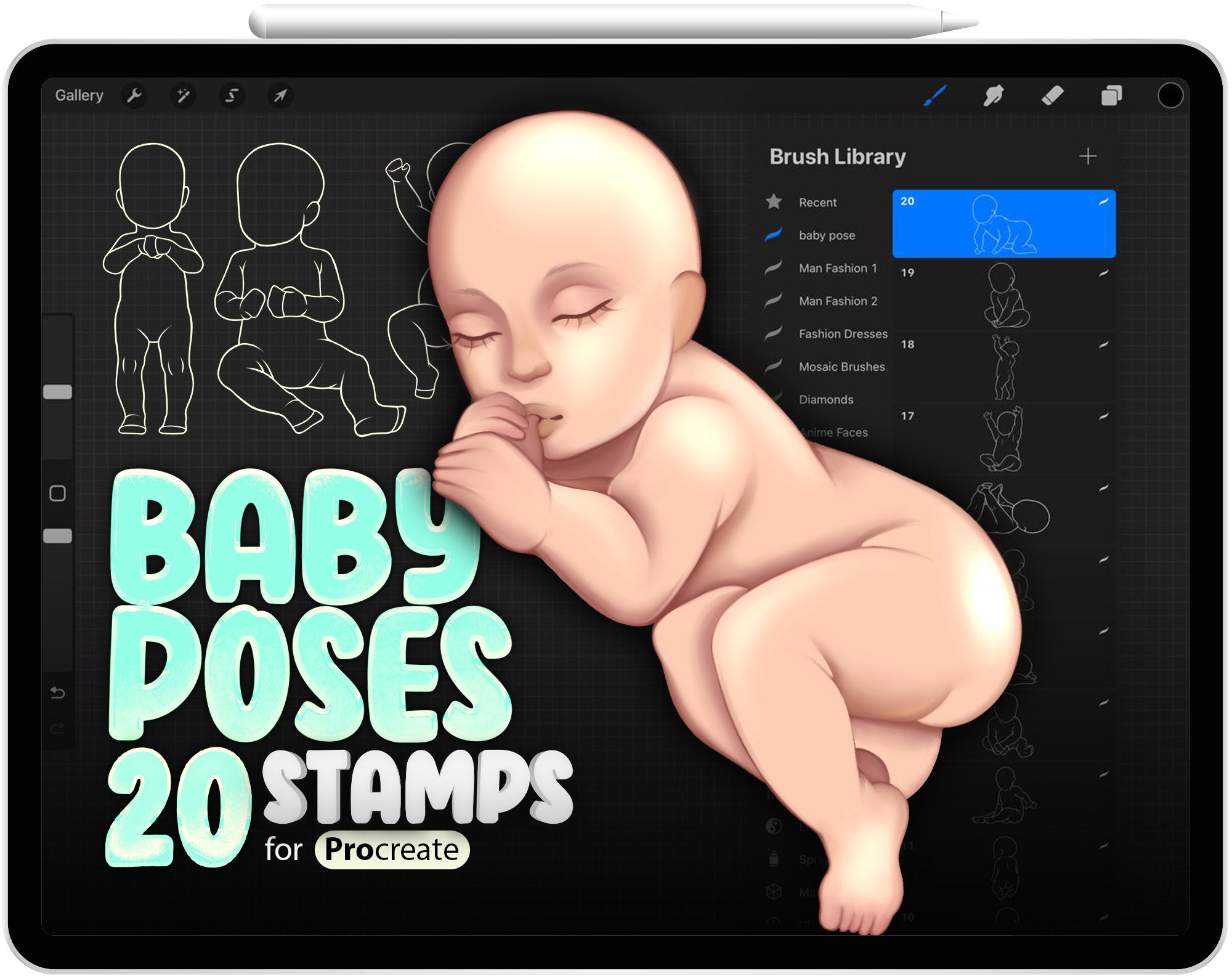 20 Procreate Baby Poses Stamp Brushes, Procreate Baby Body Guides, Baby Drawing, Babies Anatomy, Body Character, Figure Procreate Babies