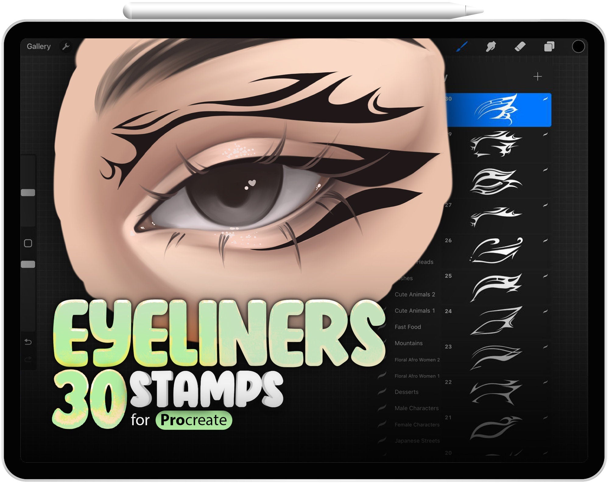 30 Eyeliners Stamps Brushes for Procreate, Procreate Make-up Brush, Procreate Beauty Brush, Procreate Face Stamps