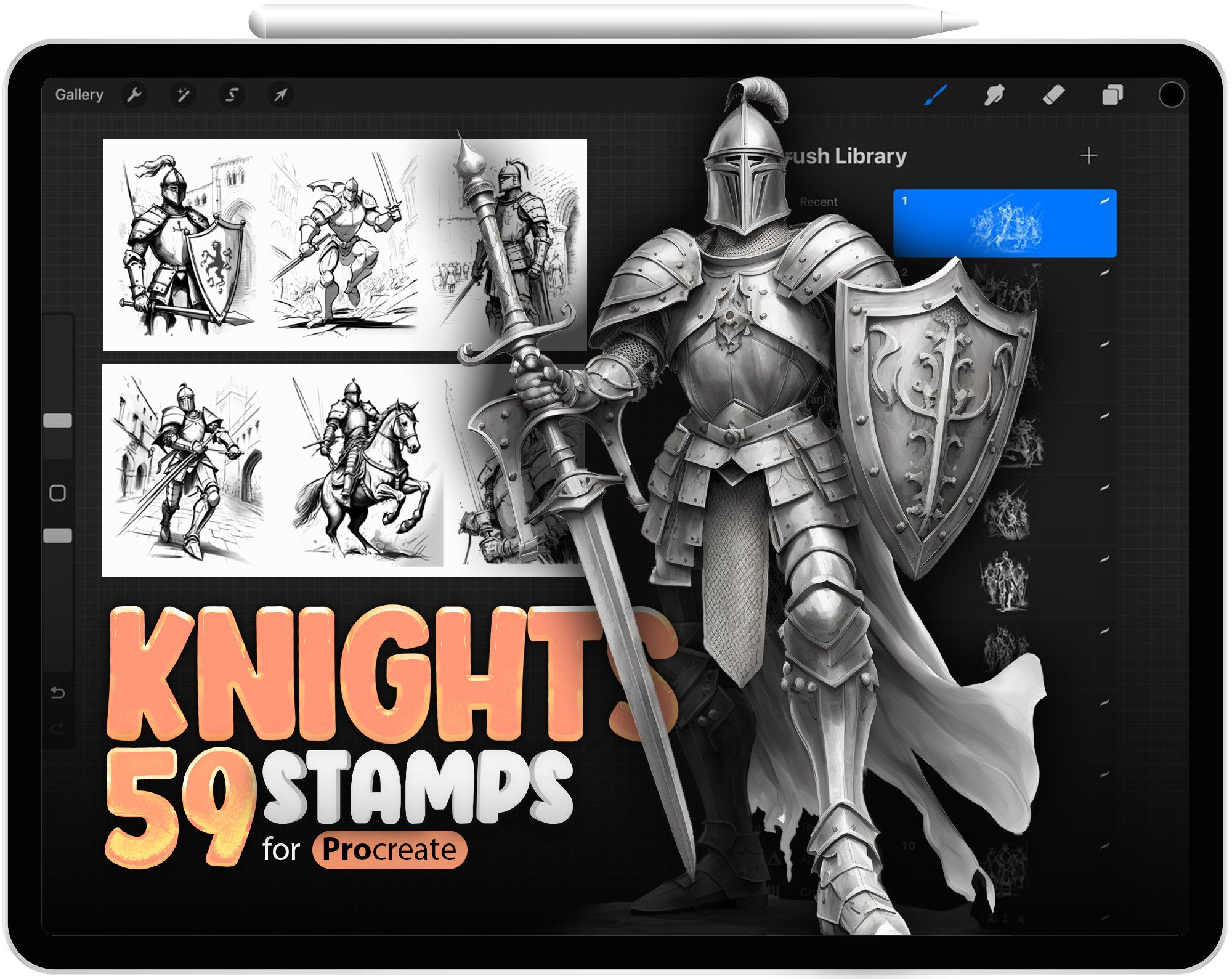 59 Procreate Knight Stamp Brushes, Procreate Knights Battle Brush, Procreate Medieval Knight Brush, Procreate Knight on a Horse Sketches