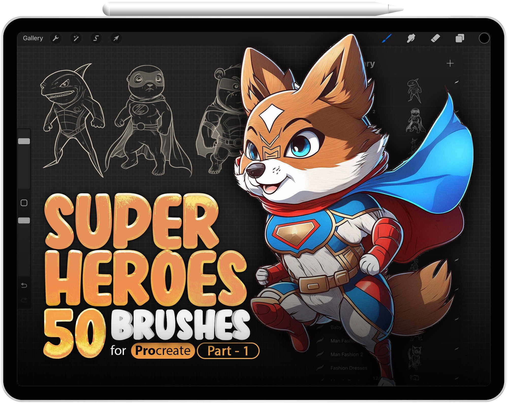 50 Procreate Superheroes Stamp Brushes Part-1, Procreate Anime Superhero, Procreate Manga Superhero, Cartoon Superhero Animals Brush