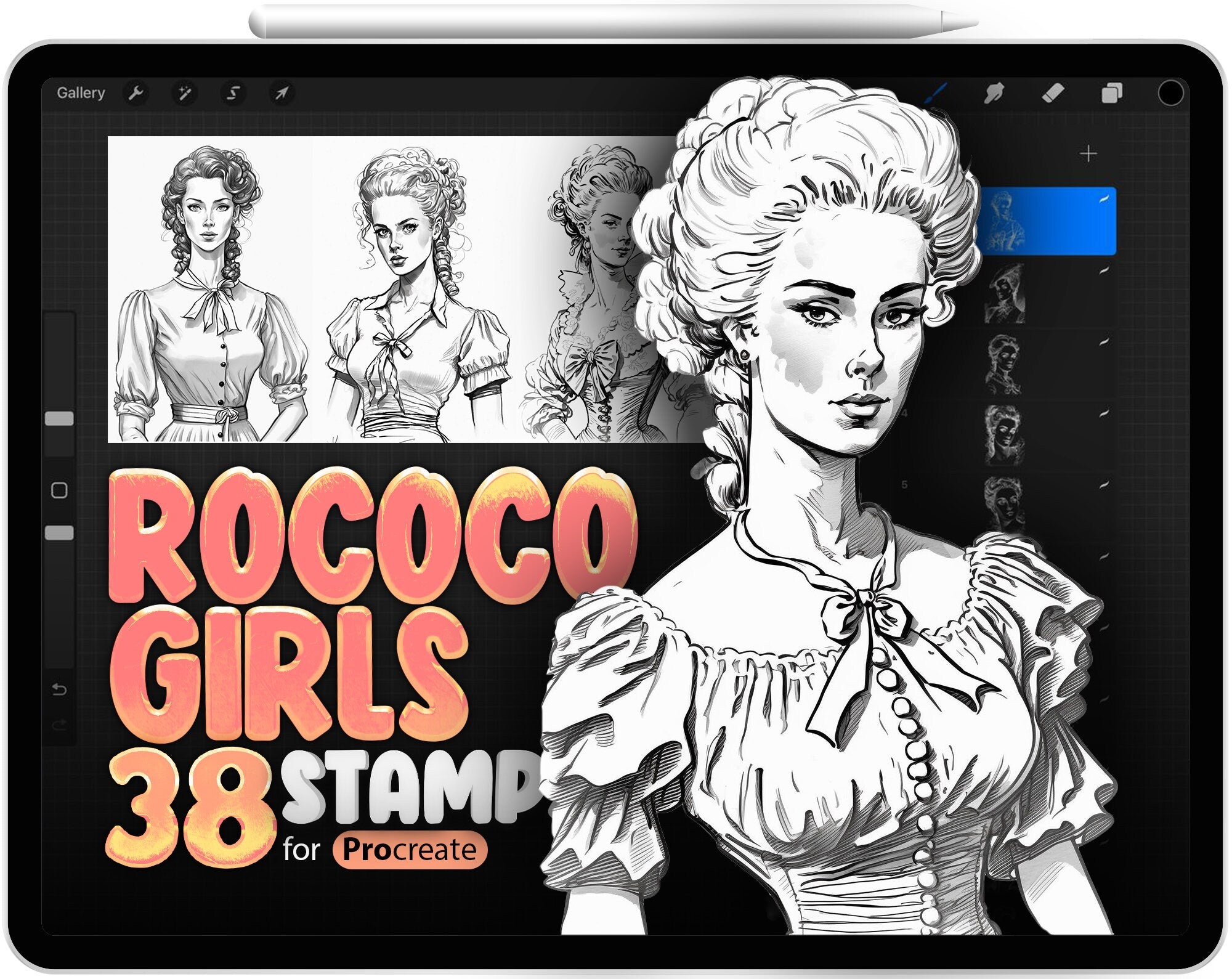 38 Procreate Rococo Girls Stamp Brushes, Procreate Vintage Women Brush, Old Europe Fashion Procreate, Old Europe Fashion Procreate