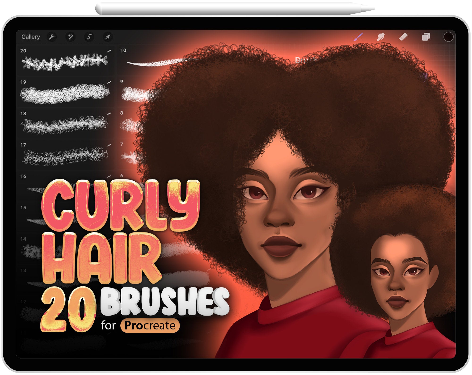 20 Curly Hair Brushes for Procreate, Procreate Wavy Hair Brush, Afro Hair Brush for Procreate, Procreate Realistic Brush