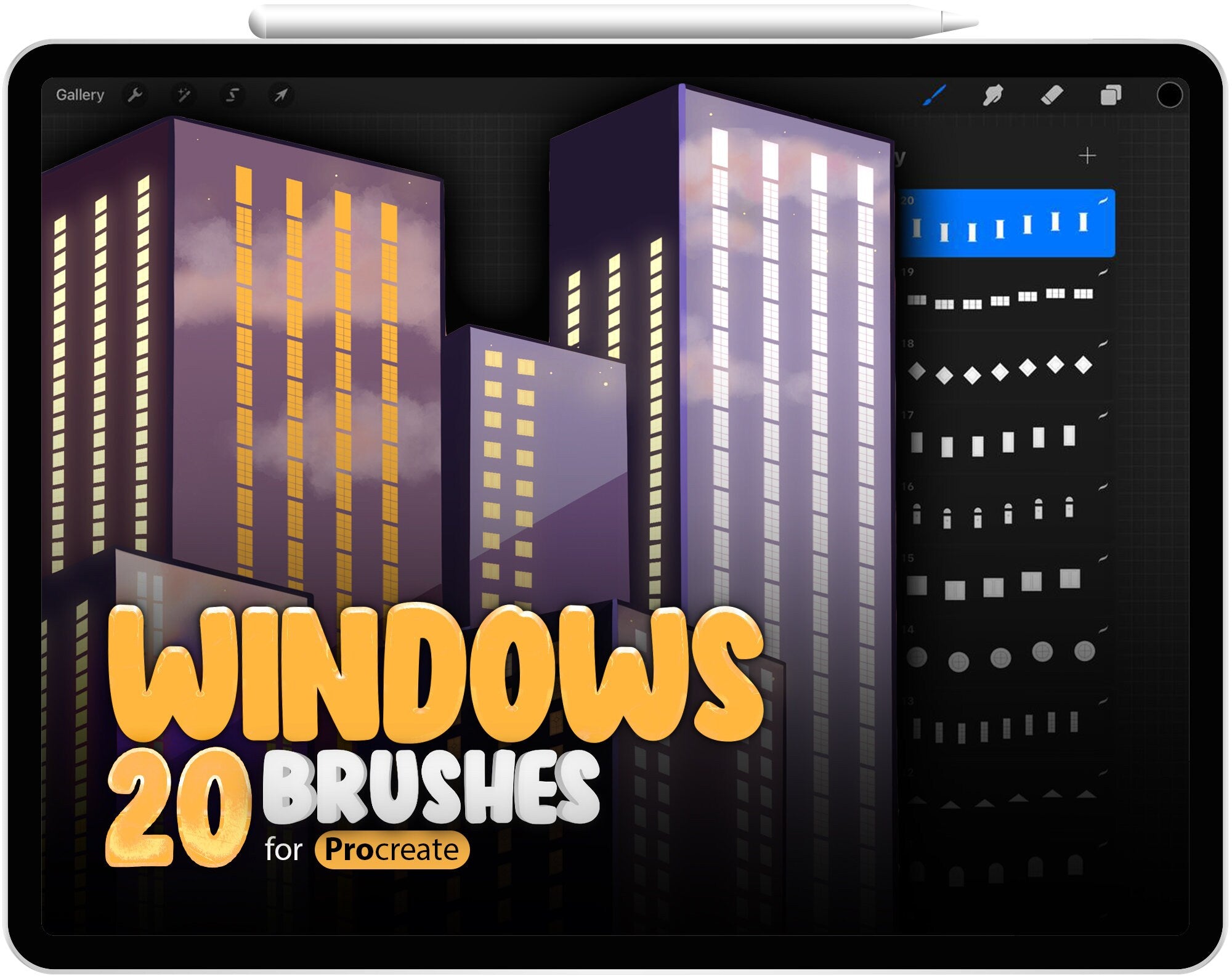 20 Procreate Windows Brushes, City Brushes Bundle, Skyline brushes, City Landscape skyscraper, Skyscraper Window Procreate Brush