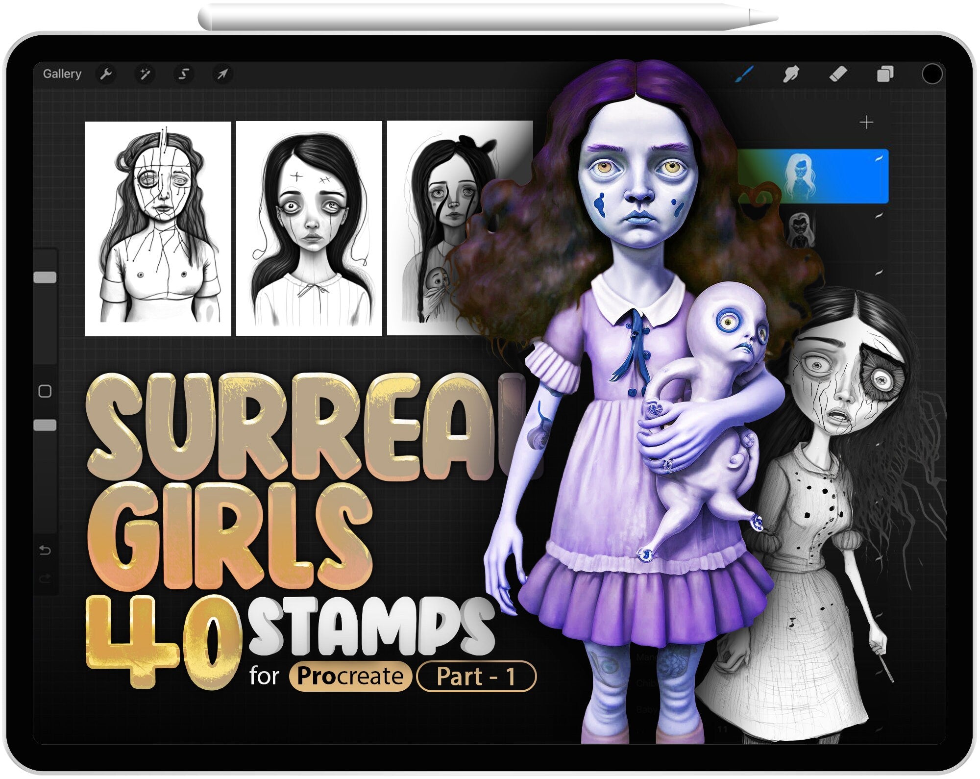 40 Procreate Surreal Girls Part-1 Stamp Brushes, Lowbrow Girls, Psychedelic Woman, Subcultural, Monsters, Procreate Zombie, Drugs Art