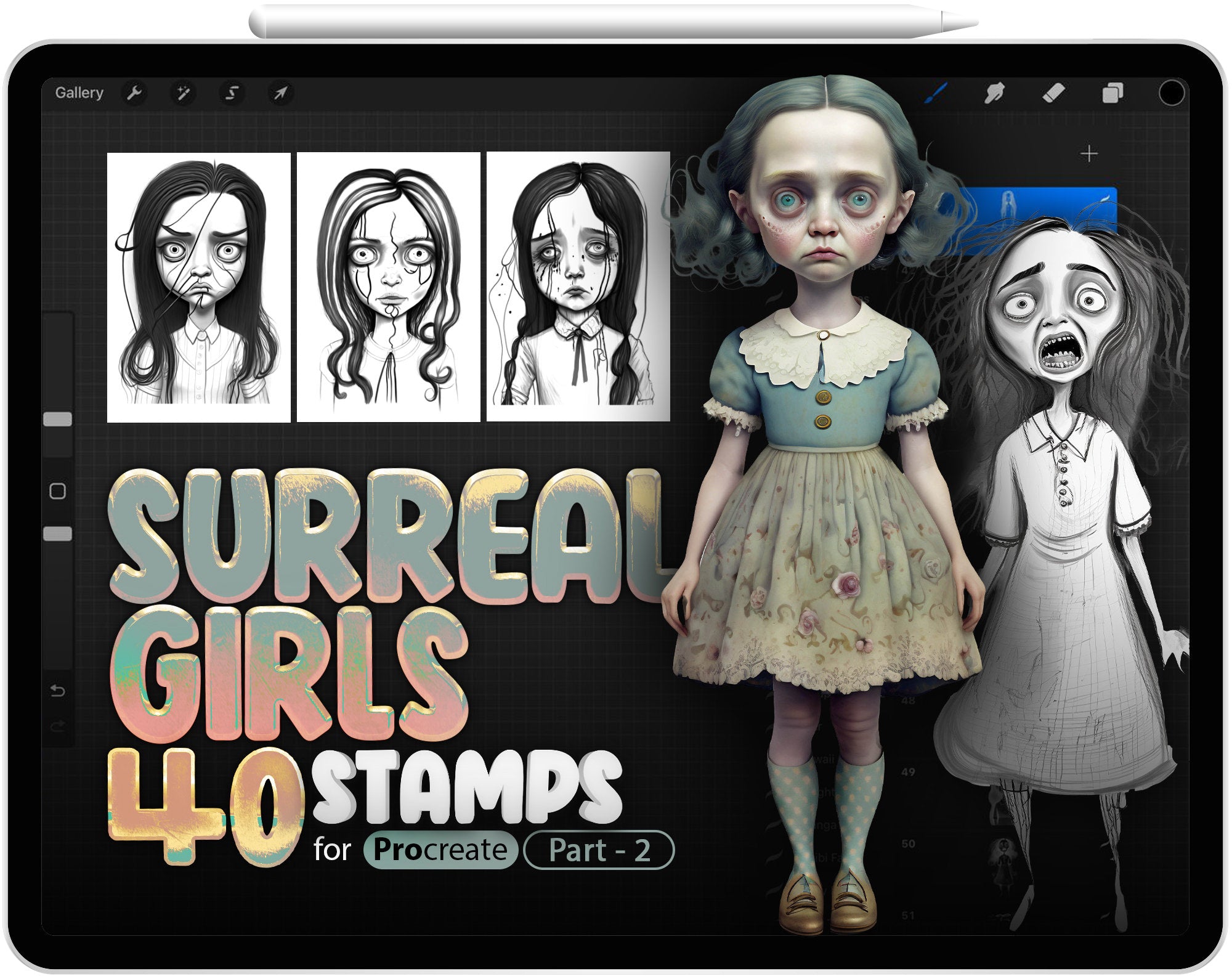 40 Procreate Surreal Girls Part-2 Stamp Brushes, Lowbrow Girls, Psychedelic Woman, Subcultural, Monsters Girl, Procreate Zombie, Drugs Art