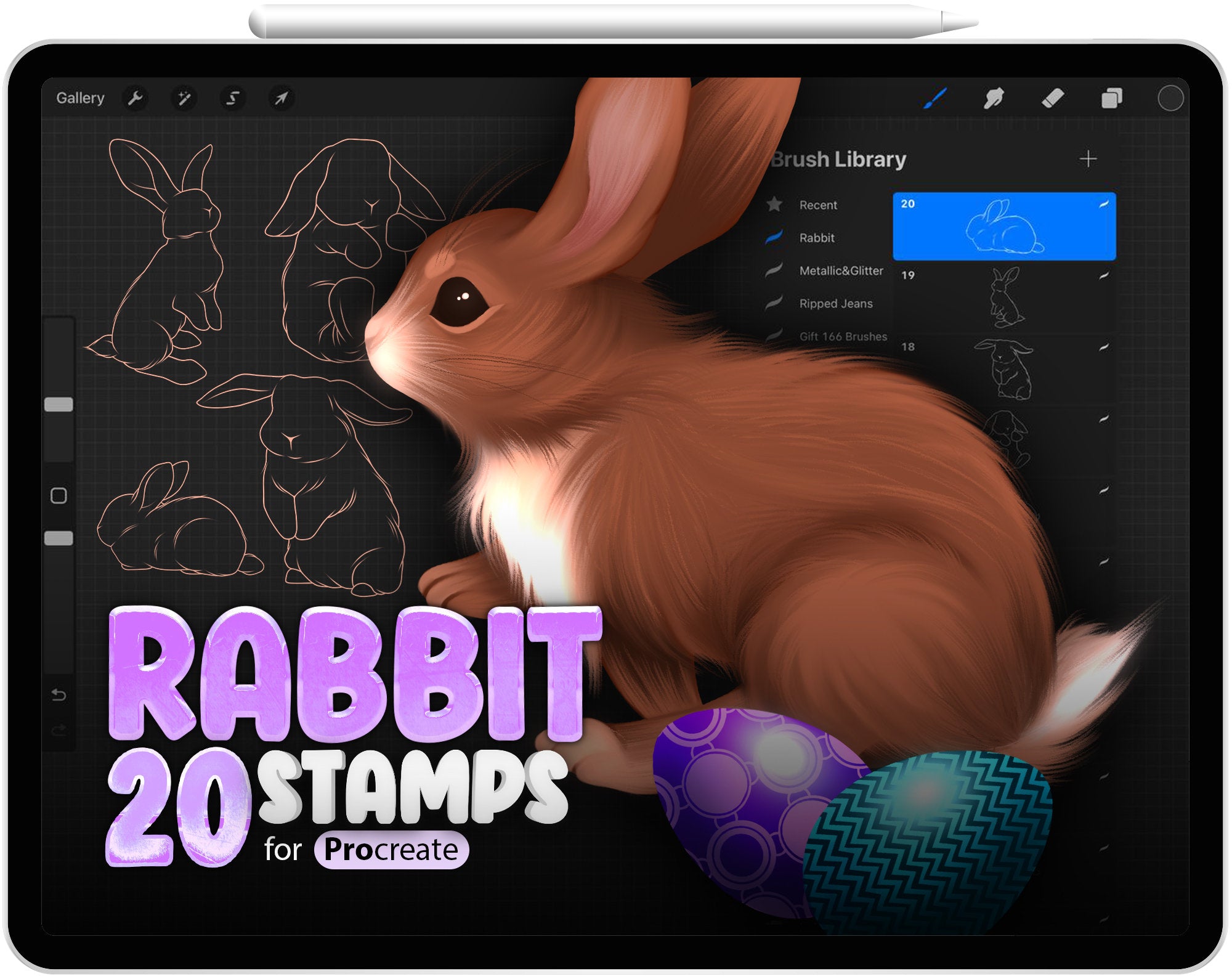 20 Rabbit Stamps for Procreate, Easter Brush for Procreate, Hare Stamps for Procreate