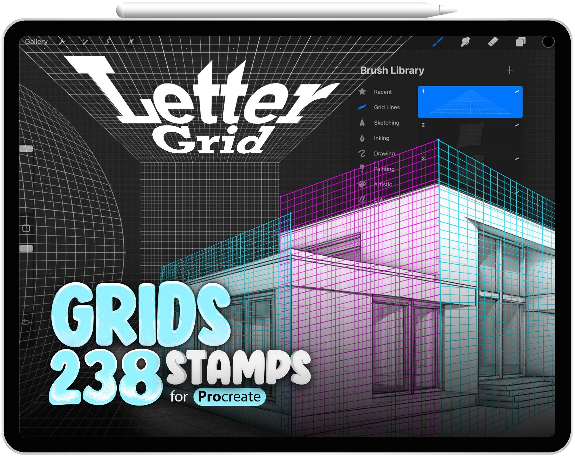 238 Procreate Grid Lines Stamps, Lettering Grids Procreate Brush,  Procreate Grid Template for Drawing, Lettering Guide, Lettering Stamps