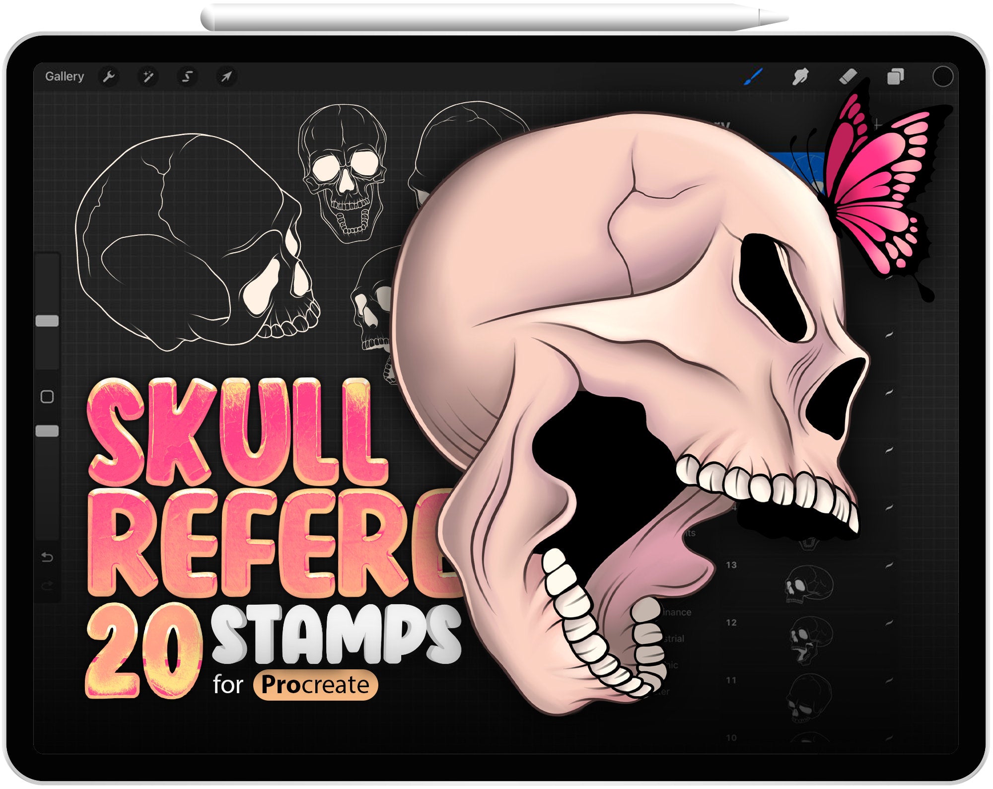 20 Skull Reference Stamps for Procreate, Procreate heads brushes stamps, Portrait Guide Stamps, Skull Brush for Procreate